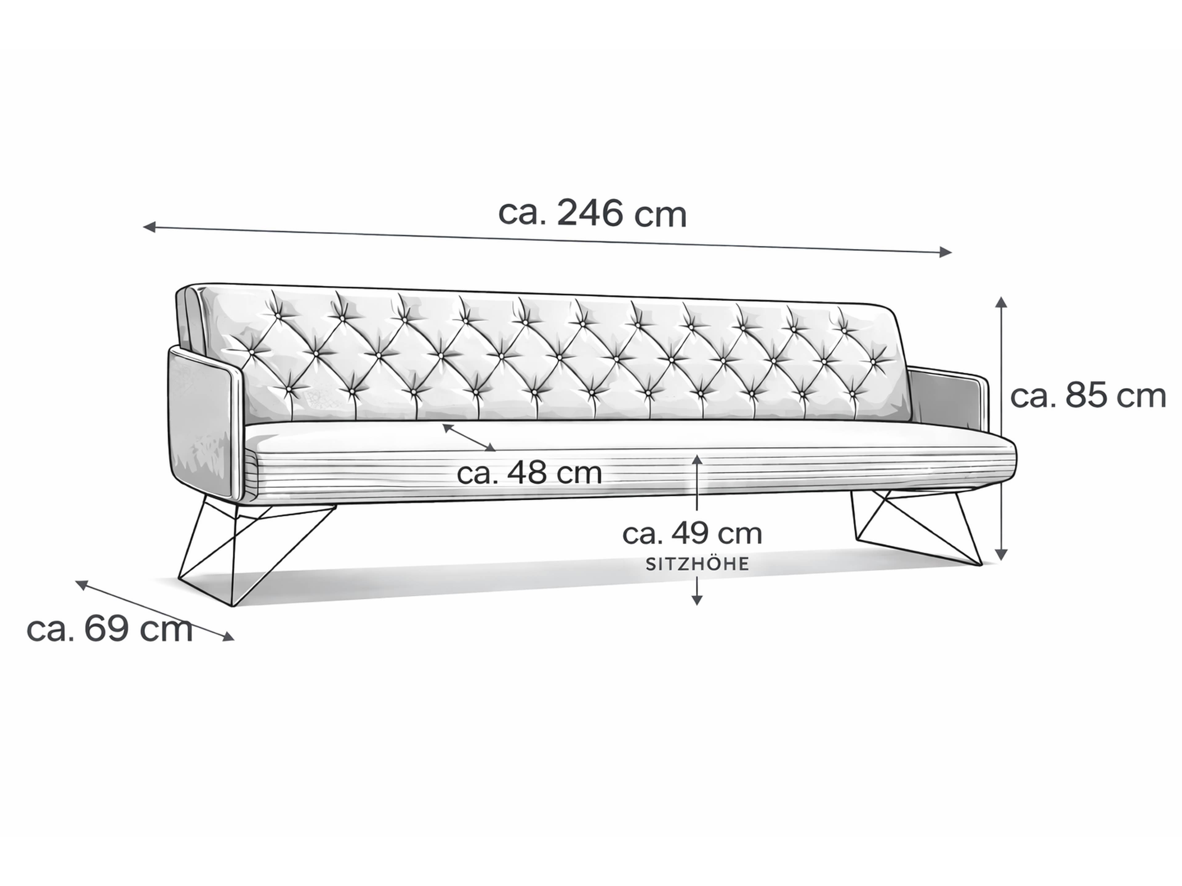 3-Sitzer Sofa mit Knopfheftung, Armlehnen, gepolsterter Rückenlehne und Metallfüßen, helles Design
