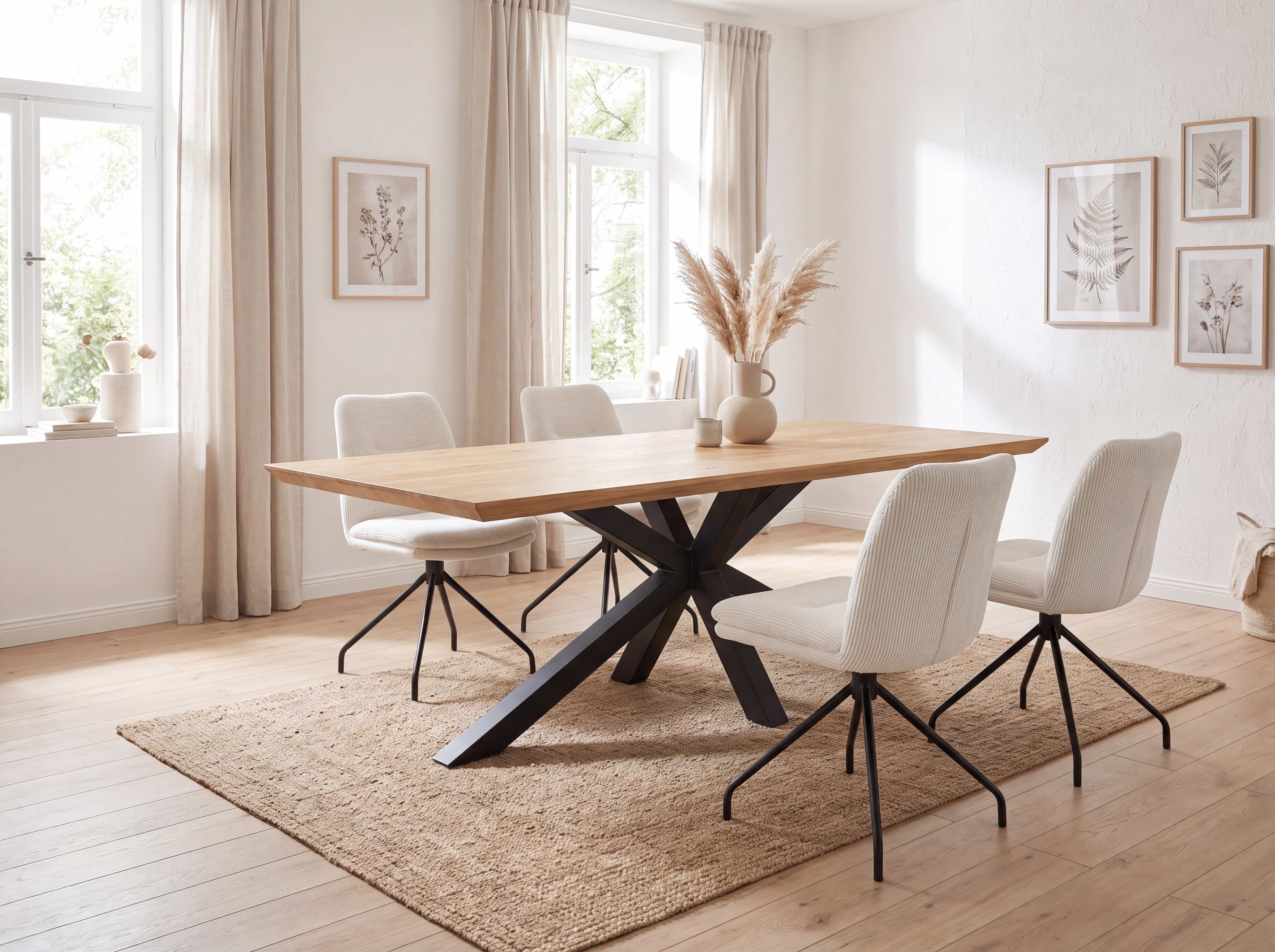 Esstisch mit rechteckiger Holzplatte und schwarzem Metallgestell, vier helle Stühle mit Stoffbezug