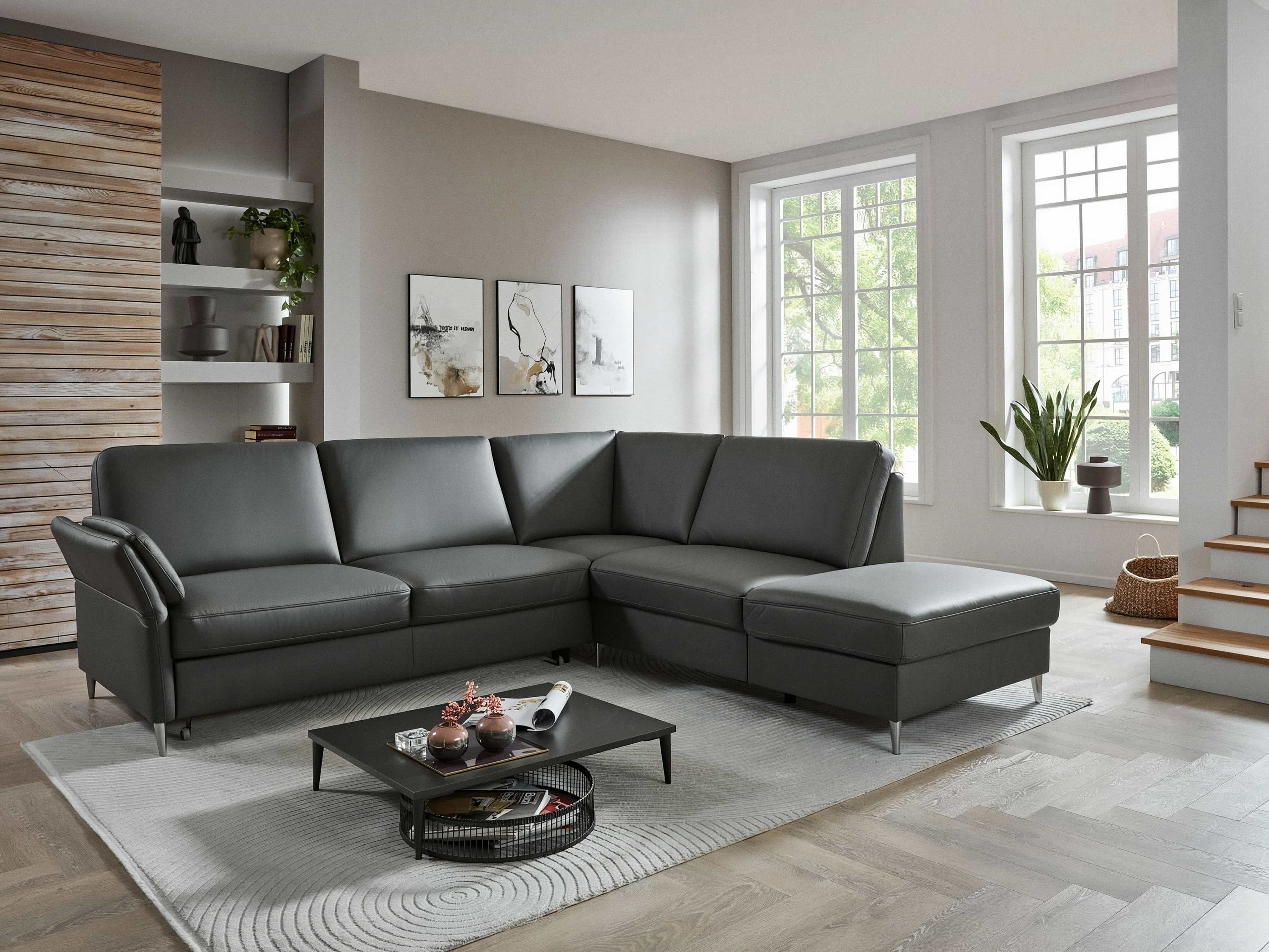 Ecksofa Palmera aus grauem Leder mit Armlehnen und Metallfüßen in L-Form, Sitzflächen gepolstert