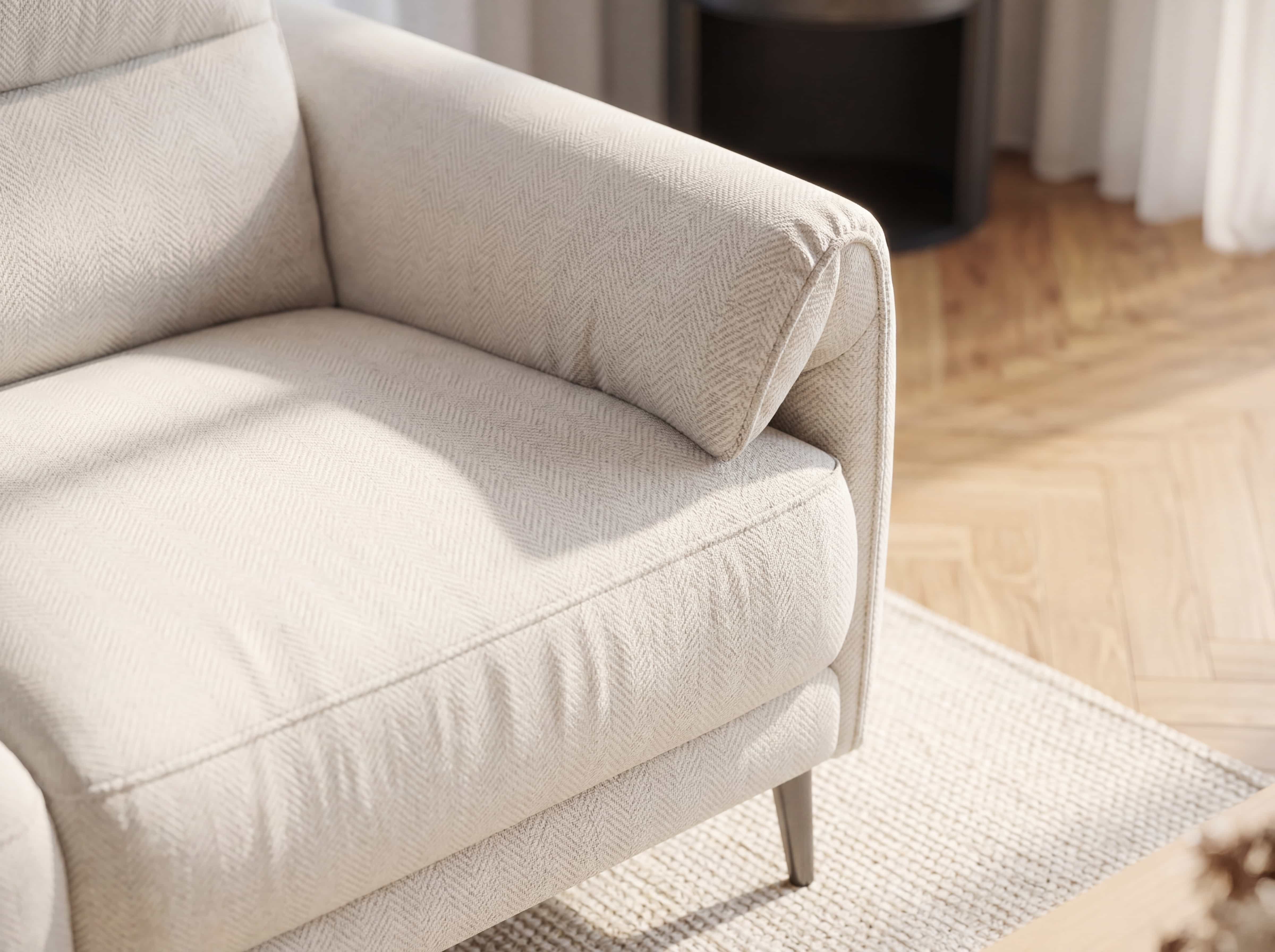 Ecksofa Kabs Polsterwelt mit beigem Stoffbezug, gepolsterter Armlehne und sichtbarem Metallfuß