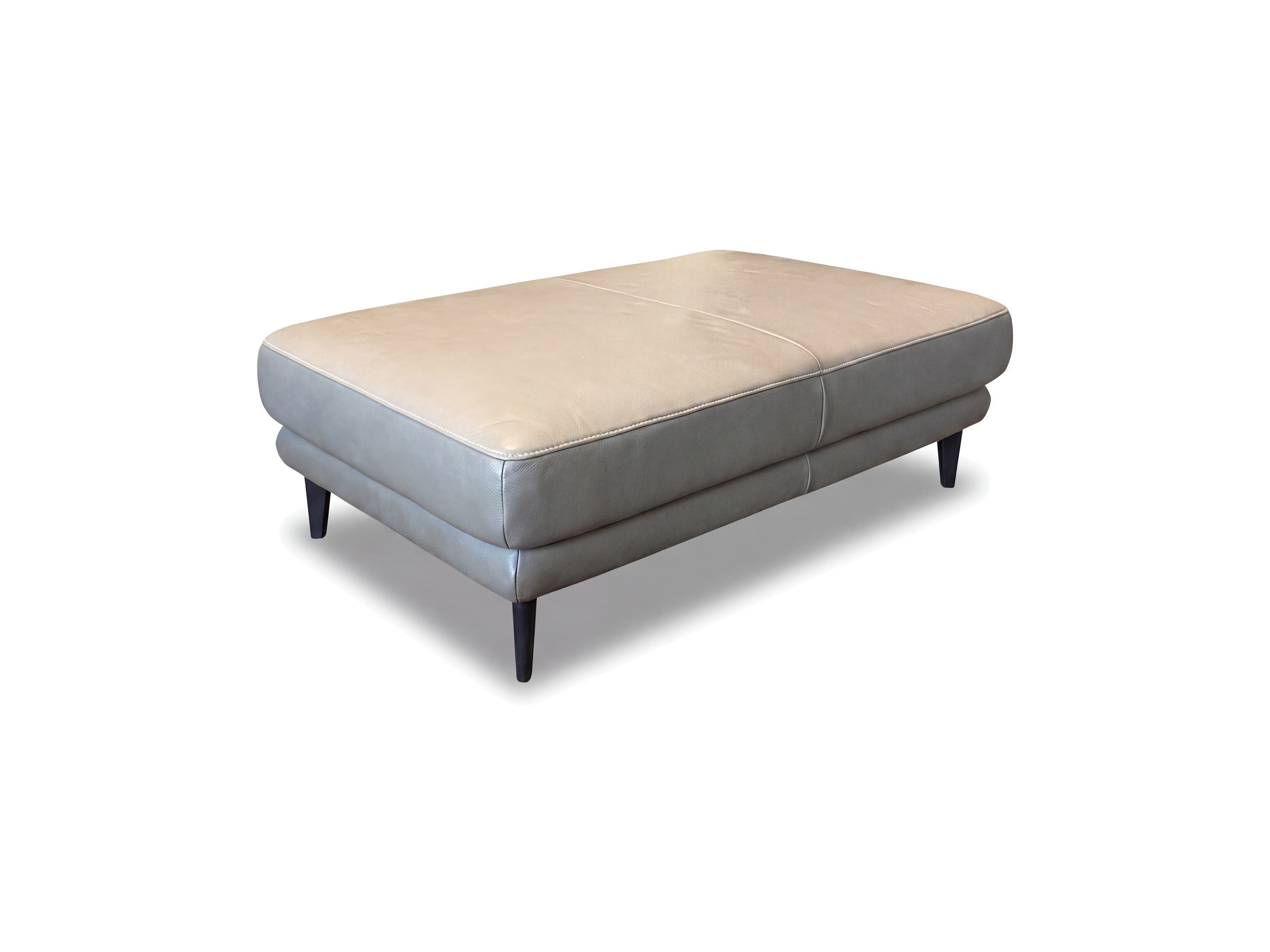 Polsterhocker Pierino – zweifarbiger Bezug in Beige und Grau mit dunklen, konischen Füßen