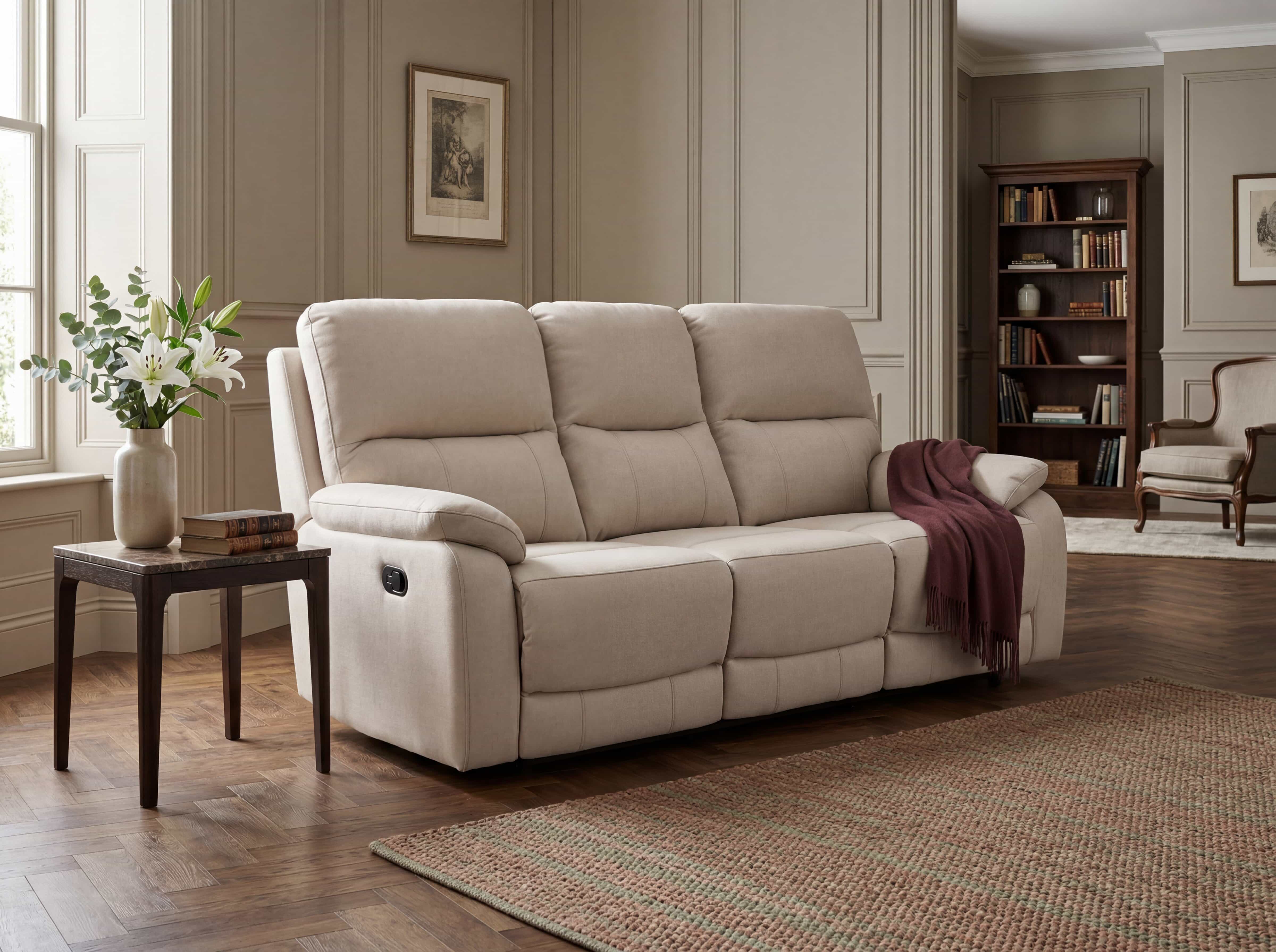 3-Sitzer Sofa Kabs Polsterwelt mit beigefarbenem Stoffbezug, gepolsterte Sitzfläche und Armlehnen
