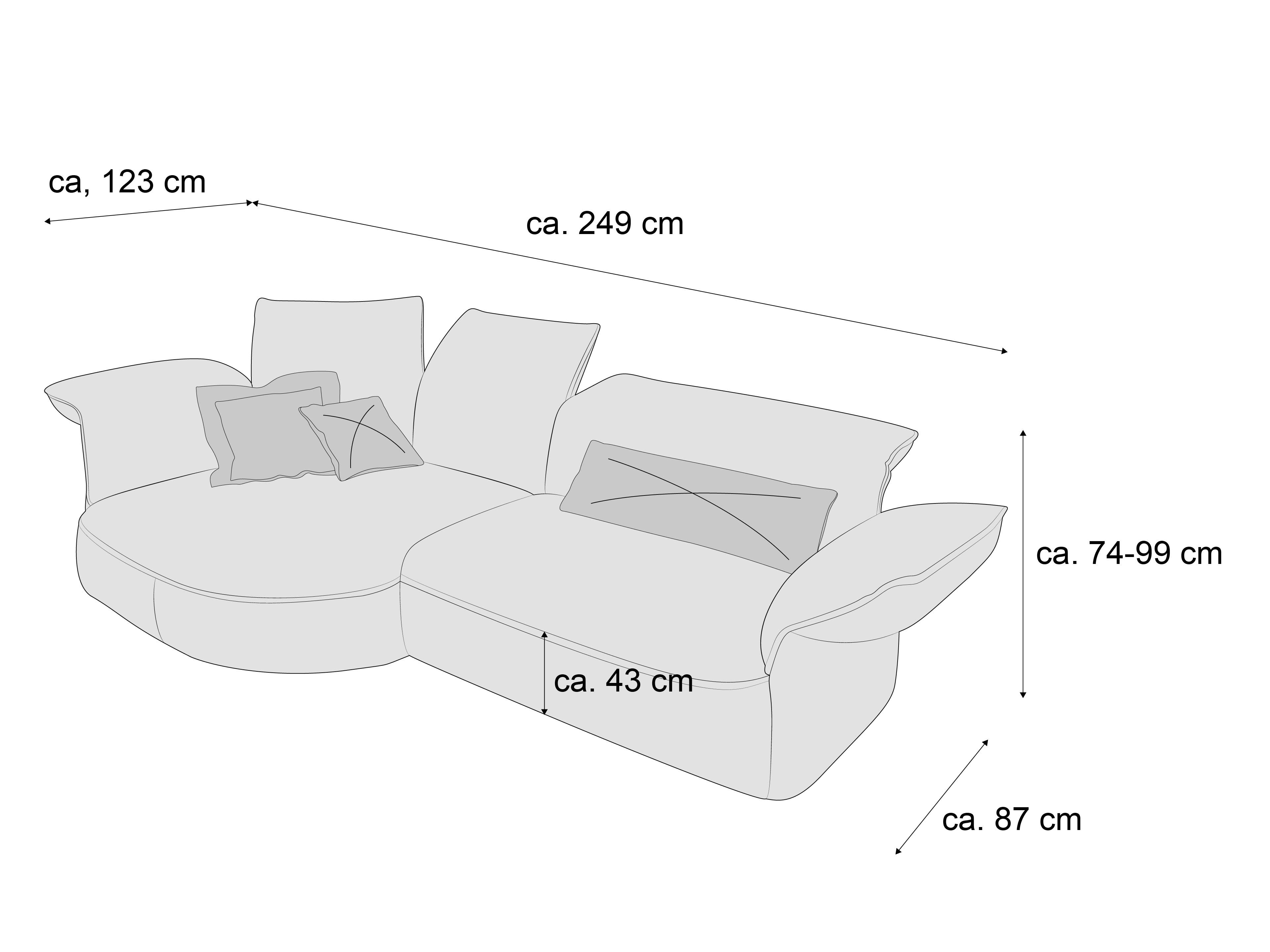 Ecksofa mit gepolsterten Armlehnen, hoher Rückenlehne und dekorativen Kissen, Maße skizziert