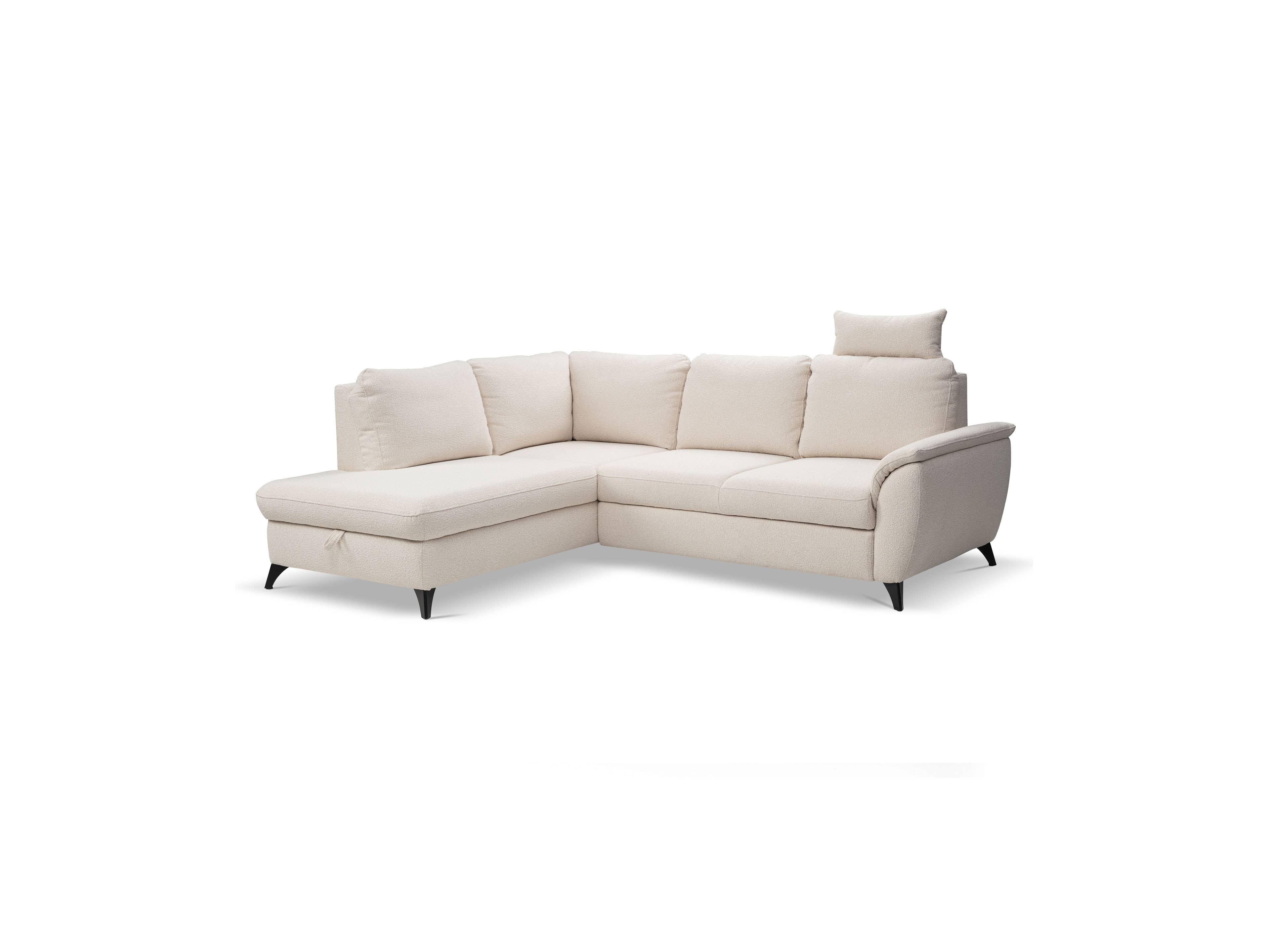 Ecksofa mit beigem Stoffbezug, gepolsterten Rückenlehnen, Armlehnen und schwarzen Füßen