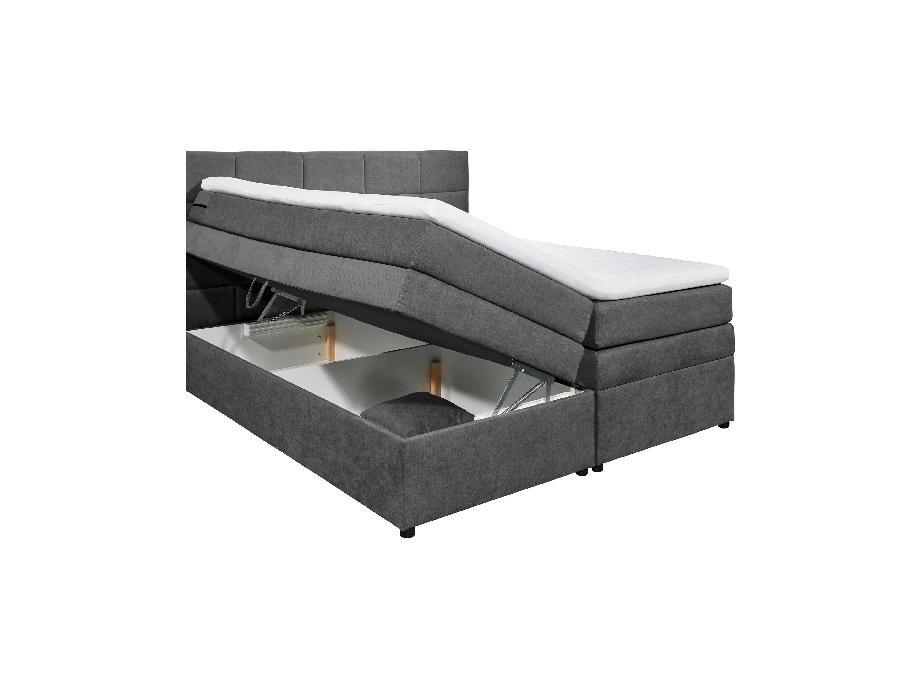 Boxspringbett in Grau mit gepolstertem Kopfteil, Stoffbezug und aufgeklapptem Bettkasten
