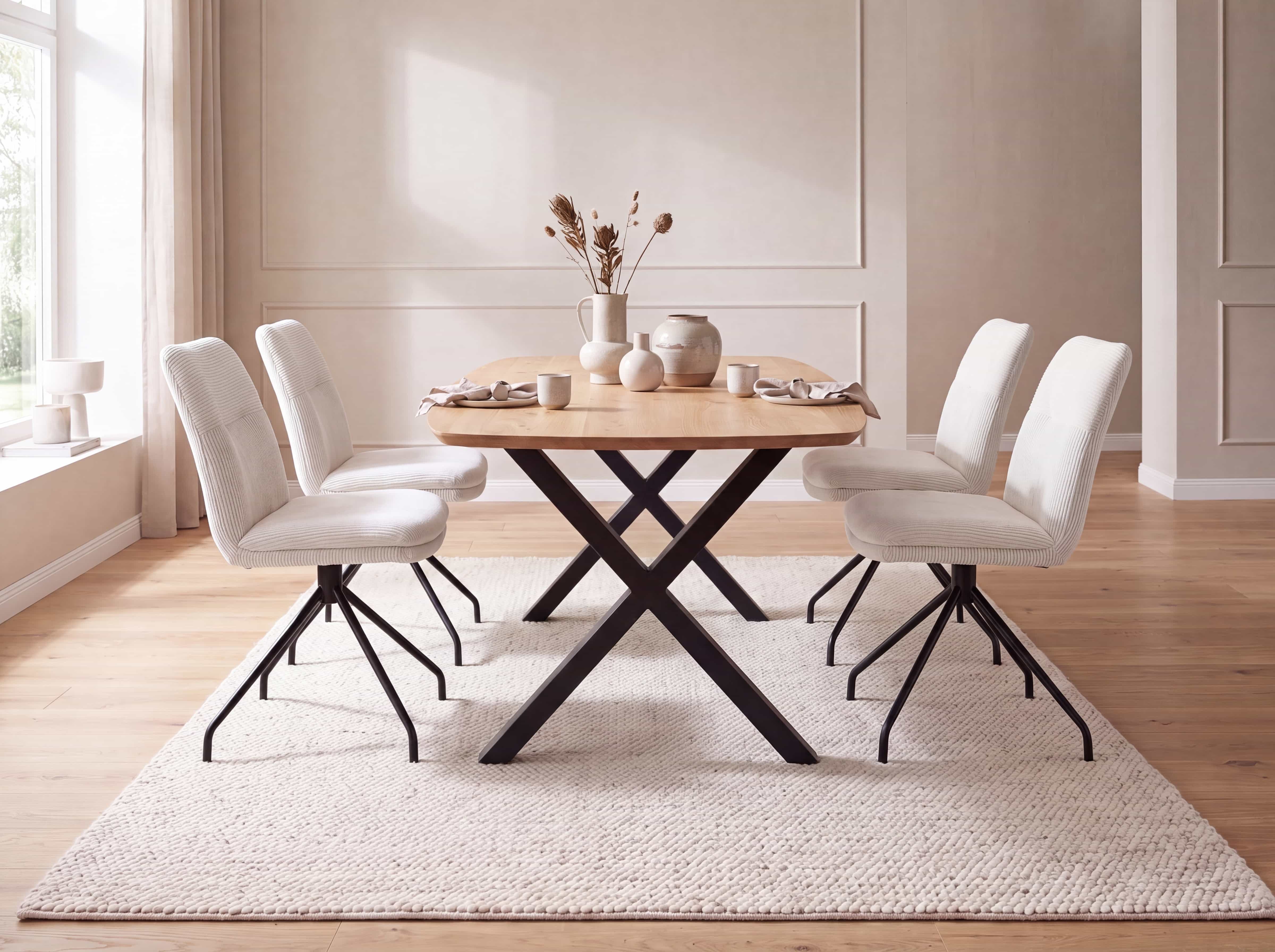 Esstisch mit rechteckiger Holzplatte und schwarzem Kreuzgestell, vier beige gepolsterte Stühle