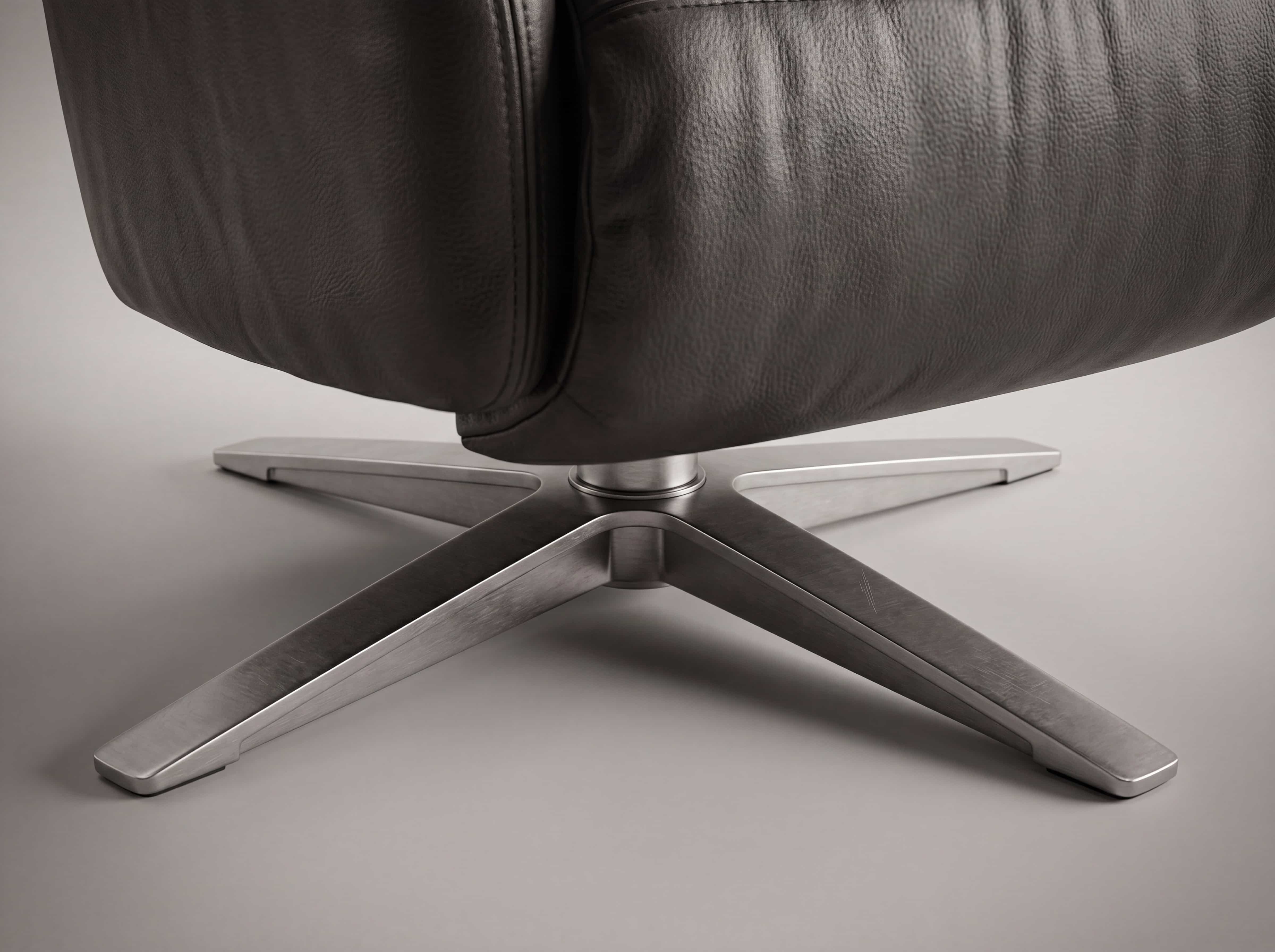 Relaxsessel mit dunklem Lederbezug und drehbarem Metallkreuzfuß, Detailaufnahme des Gestells