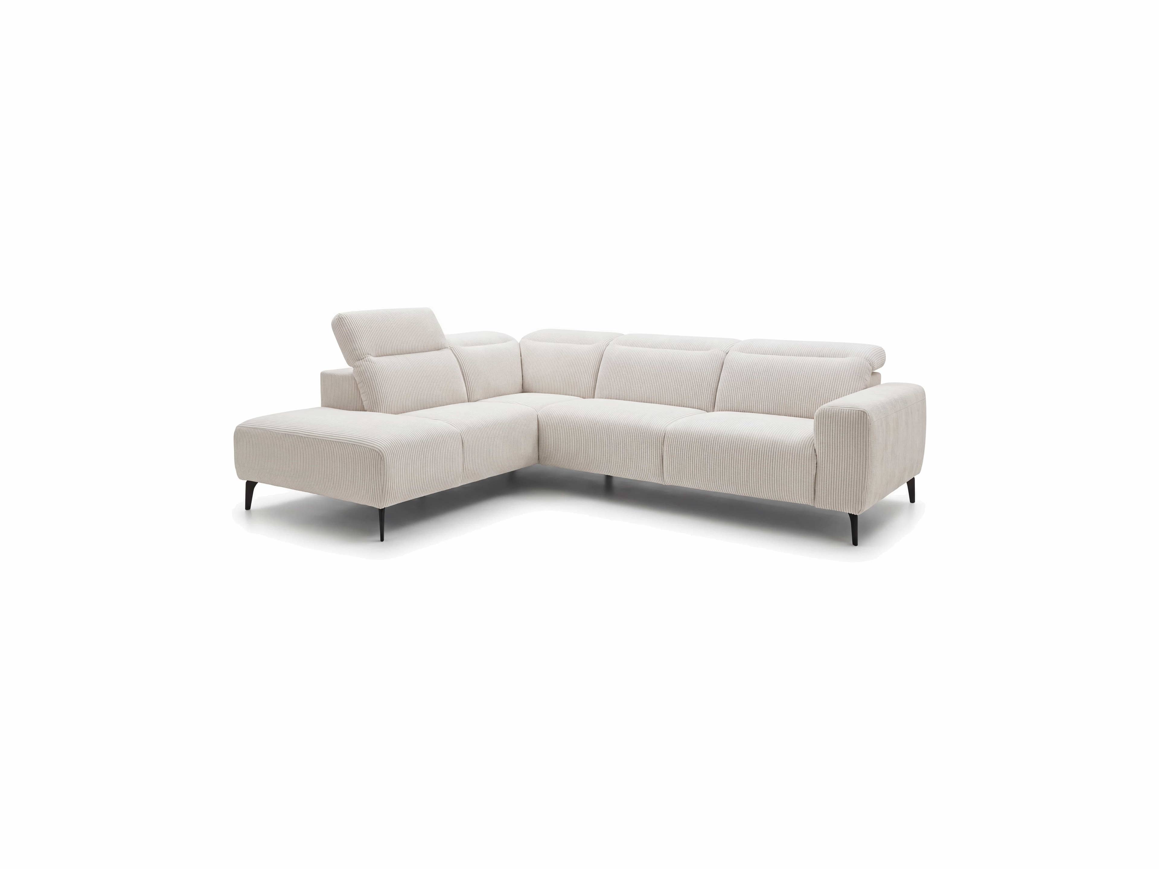 Ecksofa Aviano mit hellem Cordbezug, höhenverstellbarer Rückenlehne und schwarzen Metallfüßen