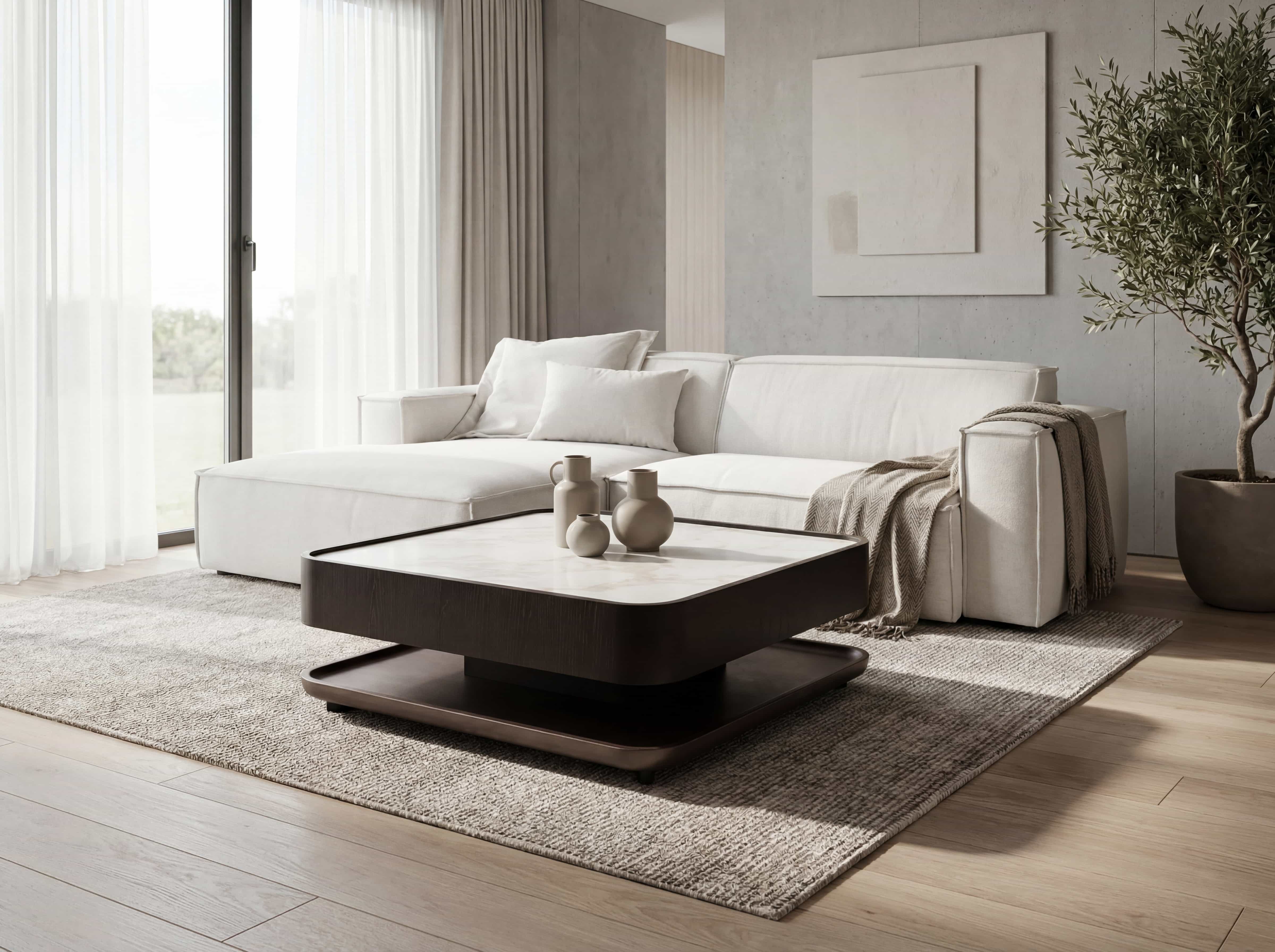Ecksofa mit Stoffbezug in Creme, linker Armlehne und geraden Formen, auf Teppich platziert