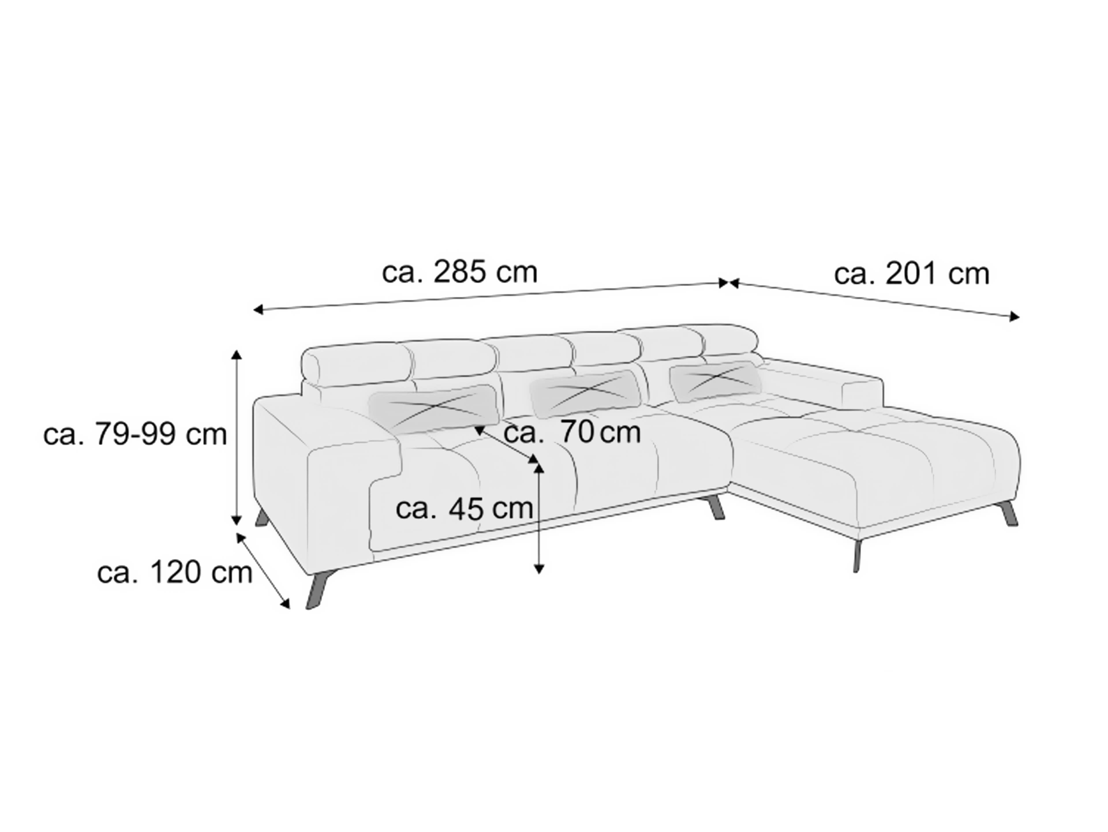 Ecksofa mit verstellbaren Kopfstützen, Armlehnen, Ottomane und sichtbaren Metallfüßen in L-Form