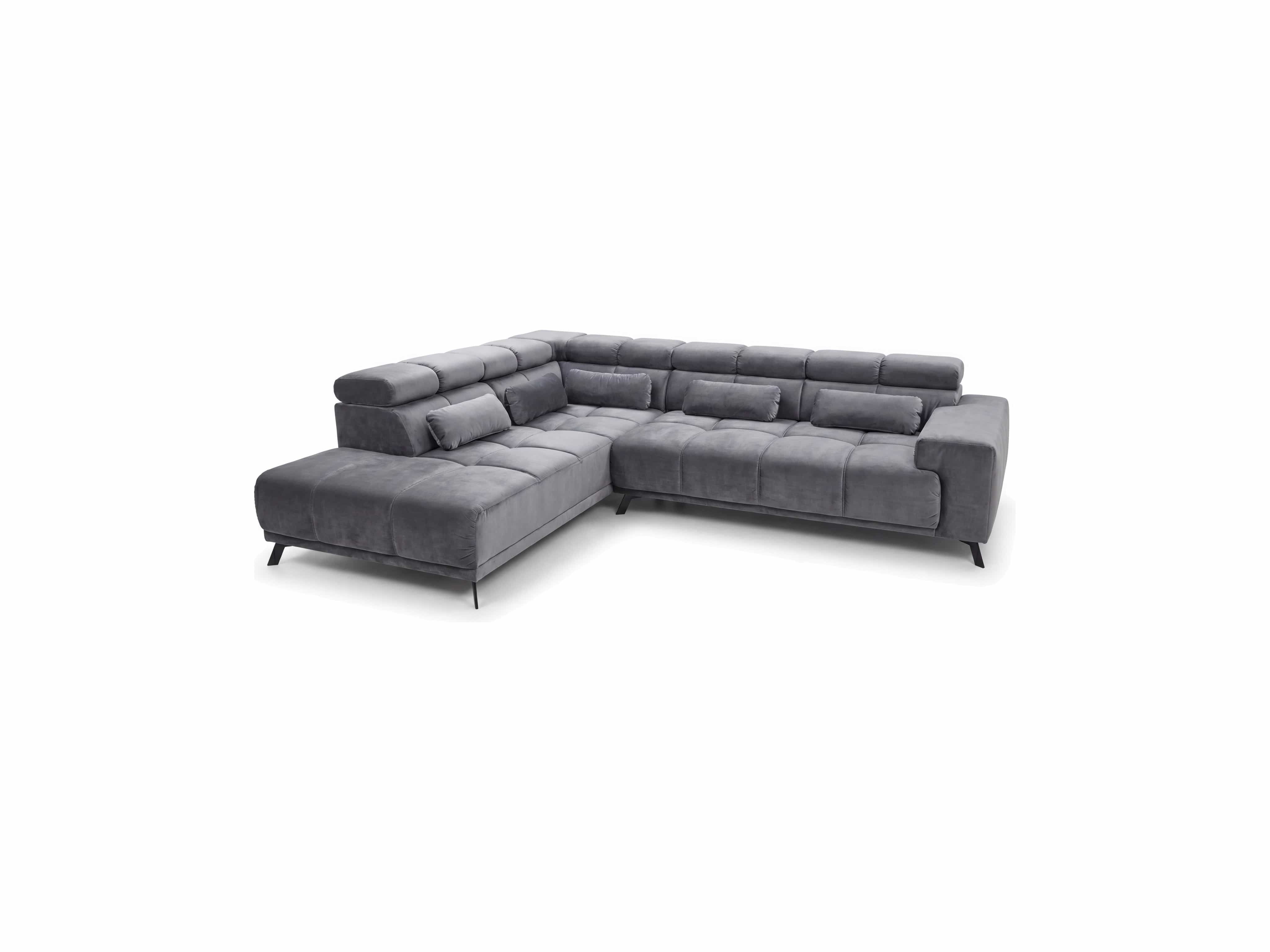 Ecksofa Kabs mit grauem Stoffbezug, gepolsterten Rückenteilen, Armlehne und schwarzen Füßen