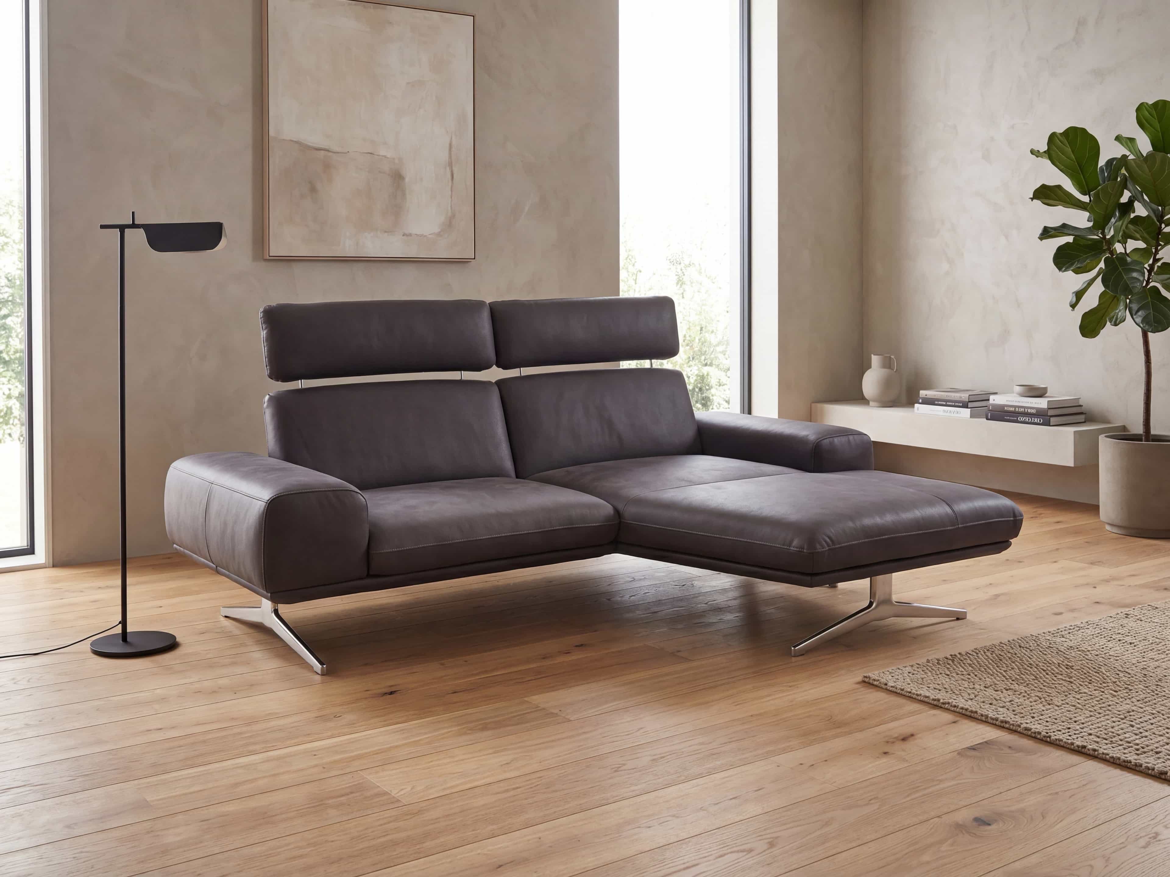 Ecksofa mit dunkelgrauem Lederbezug, verstellbaren Kopfstützen und Metallfüßen in L-Form