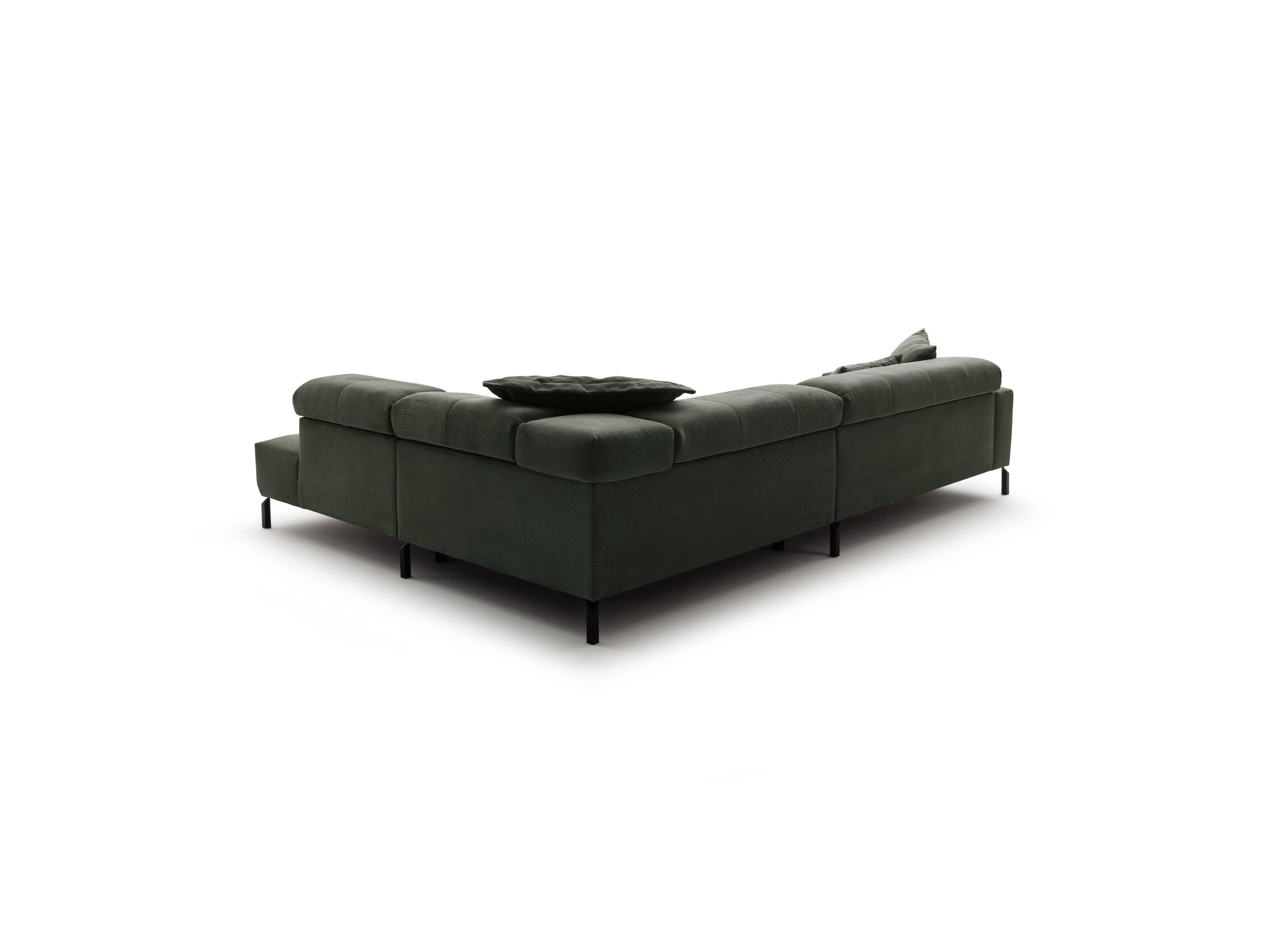 Ecksofa Kabs Polsterwelt mit Stoffbezug in Dunkelgrün, niedrige Rückenlehnen, schwarze Metallfüße