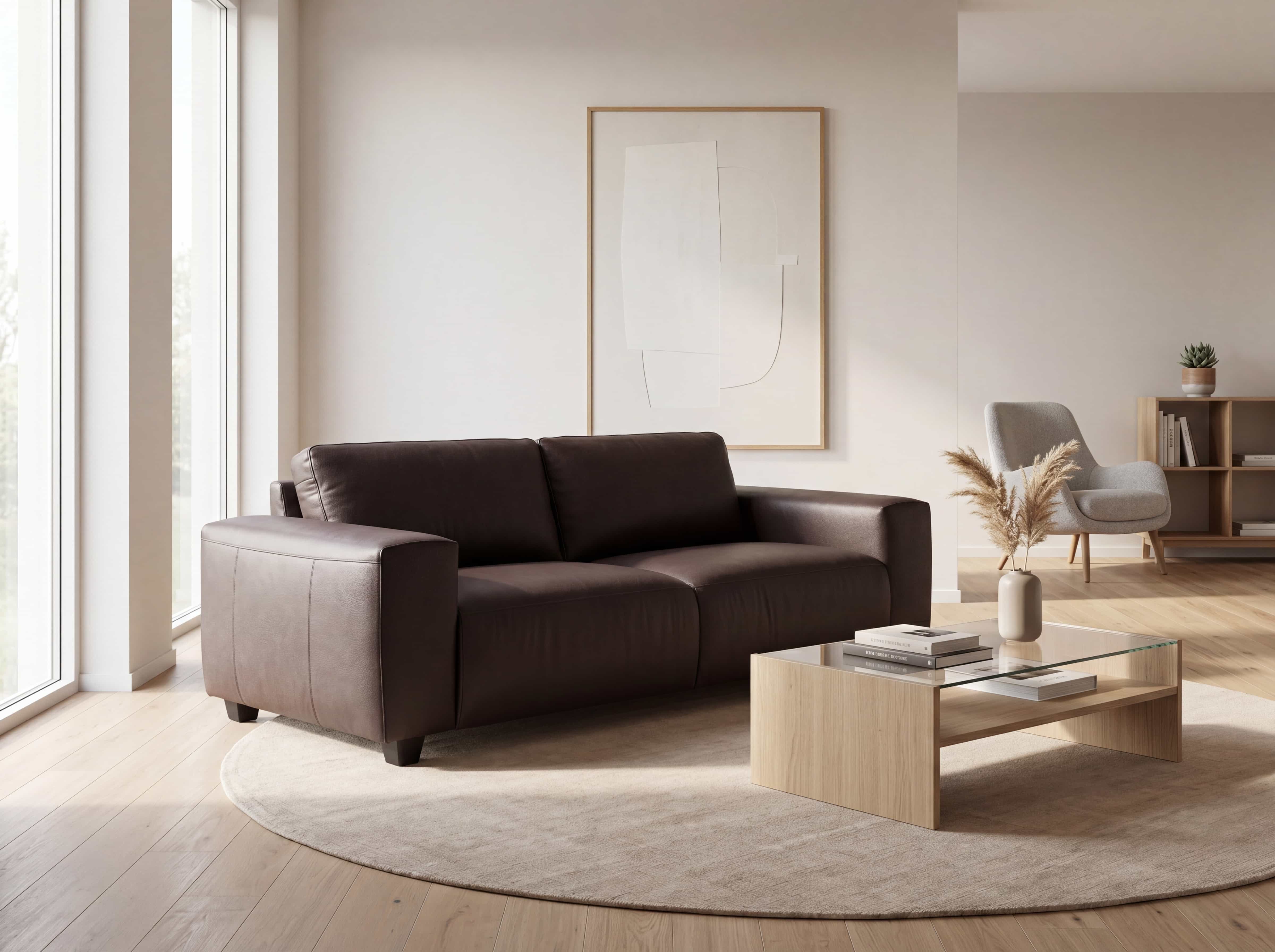 2-Sitzer Sofa mit dunkelbraunem Lederbezug und breiten Armlehnen auf kurzen Holzfüßen