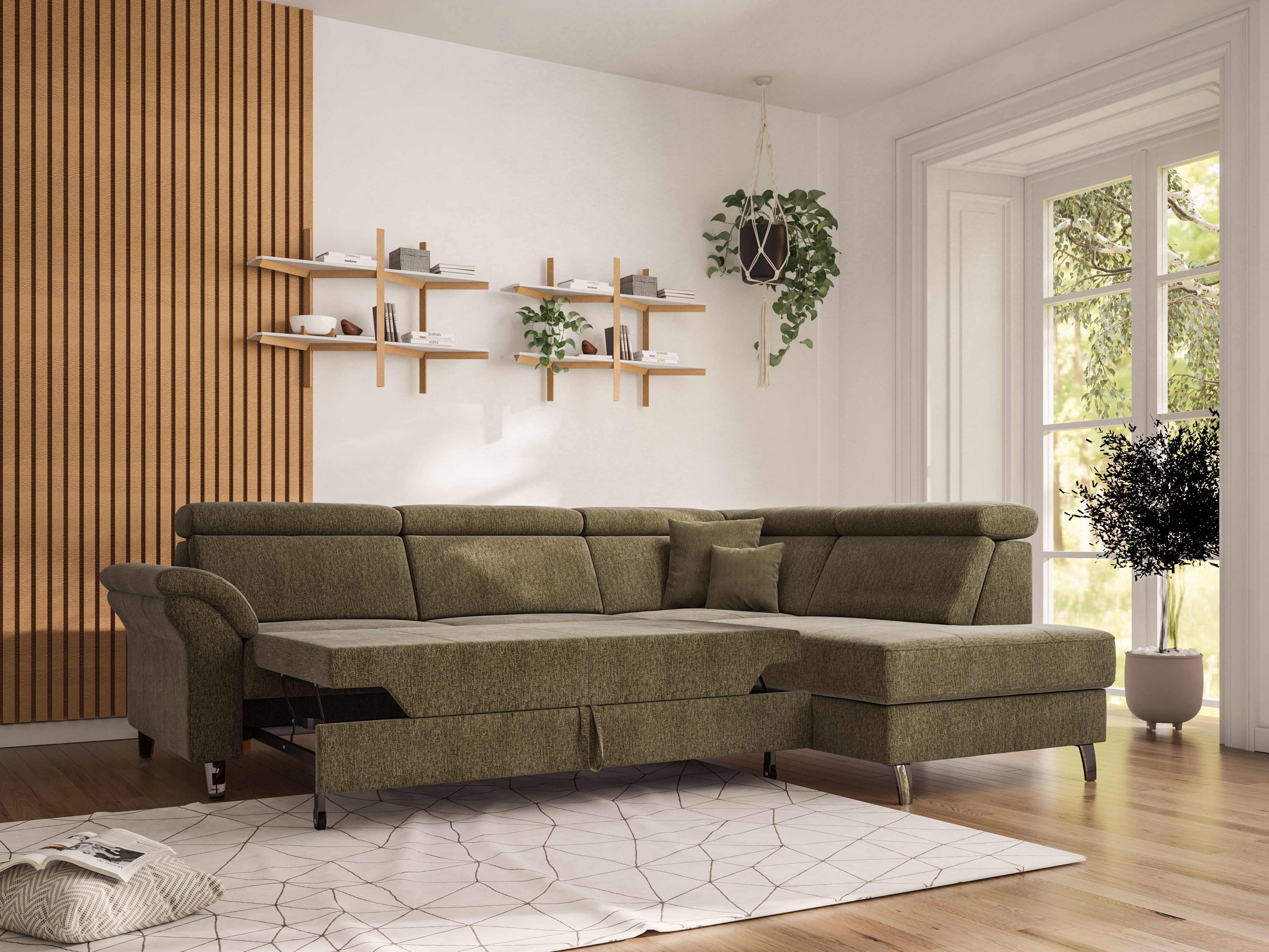 Ecksofa mit ausziehbarer Liegefläche, olivgrünem Stoffbezug, Armlehnen und verstellbaren Kopfstützen