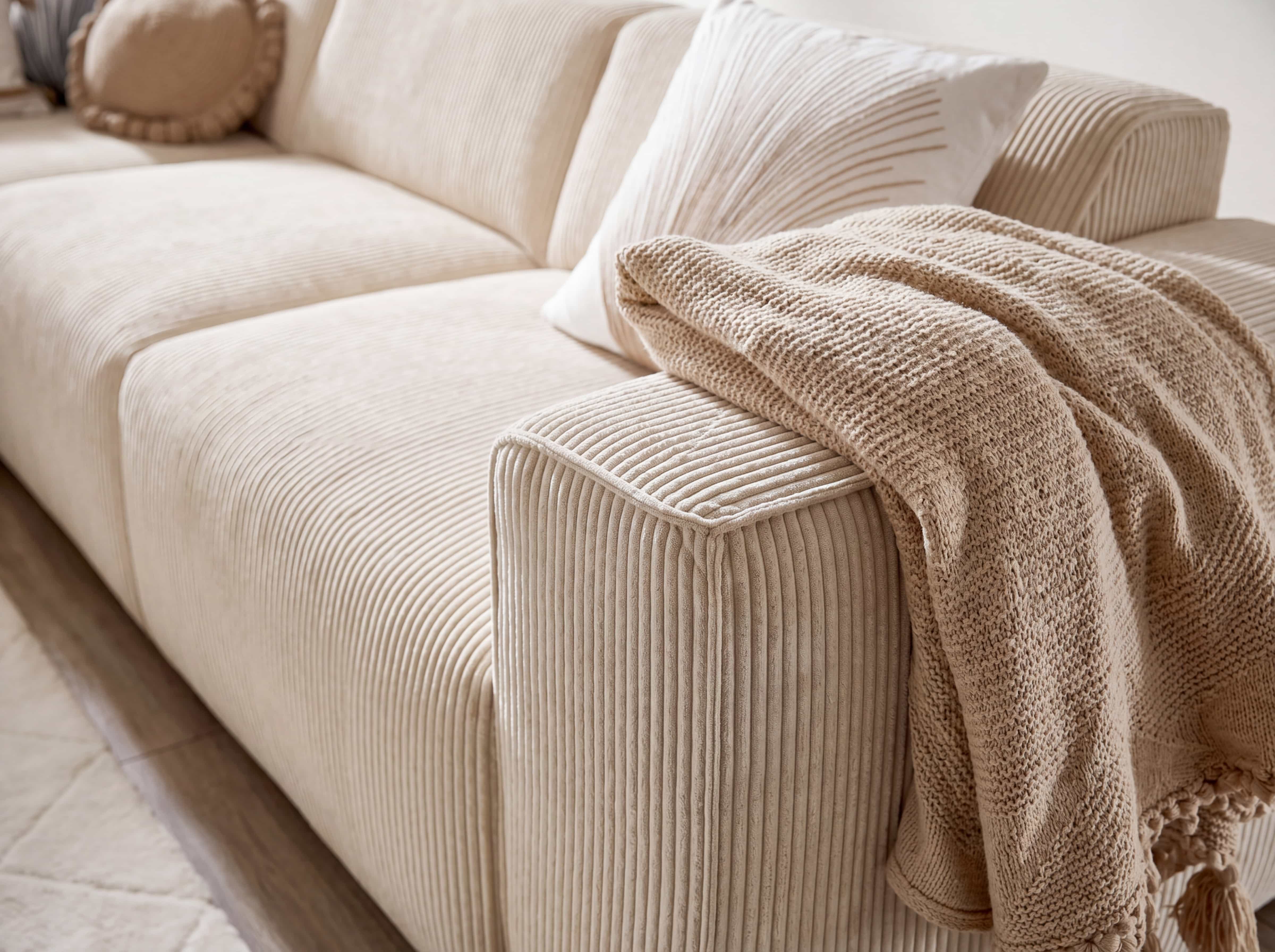 Ecksofa mit breiten Armlehnen, beigefarbener Cordstoffbezug, strukturierte Oberfläche, Kissen und Decke