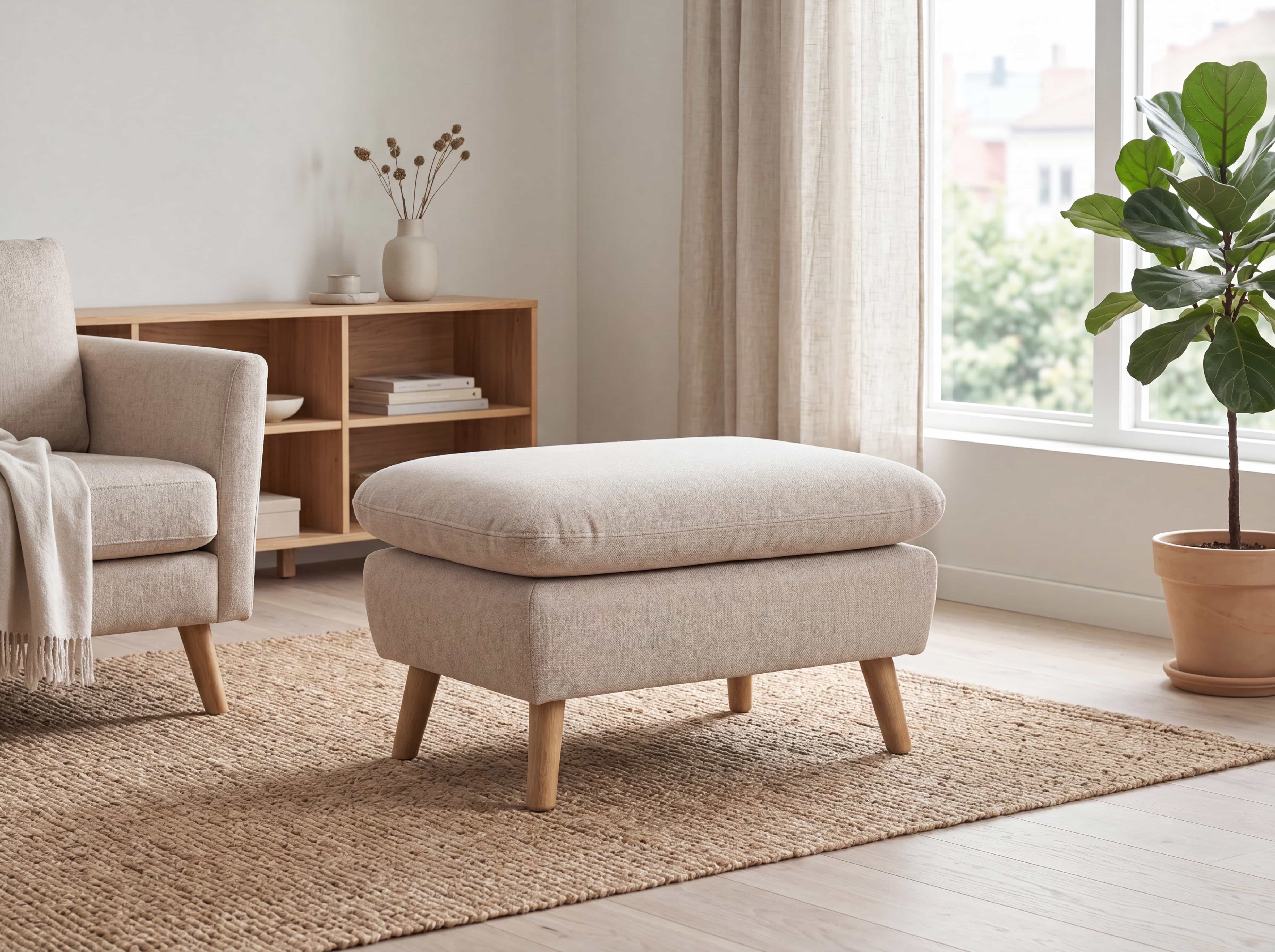 Polsterhocker in Beige mit Stoffbezug, gepolsterter Sitzfläche und Holzfüßen auf Teppich
