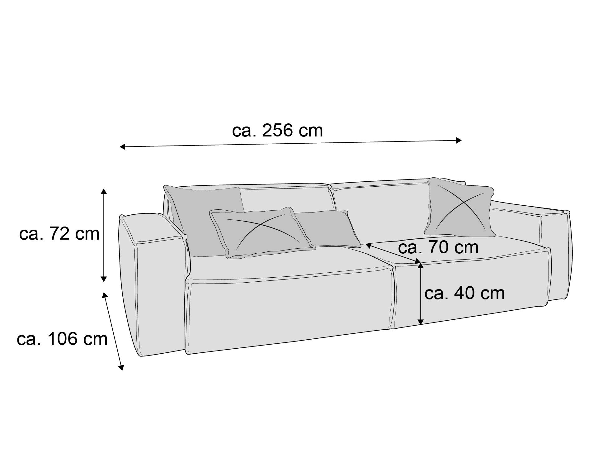 3-Sitzer Sofa mit zwei Armlehnen, zwei Rückenkissen und zwei Sitzkissen, skizzenhaft dargestellt.