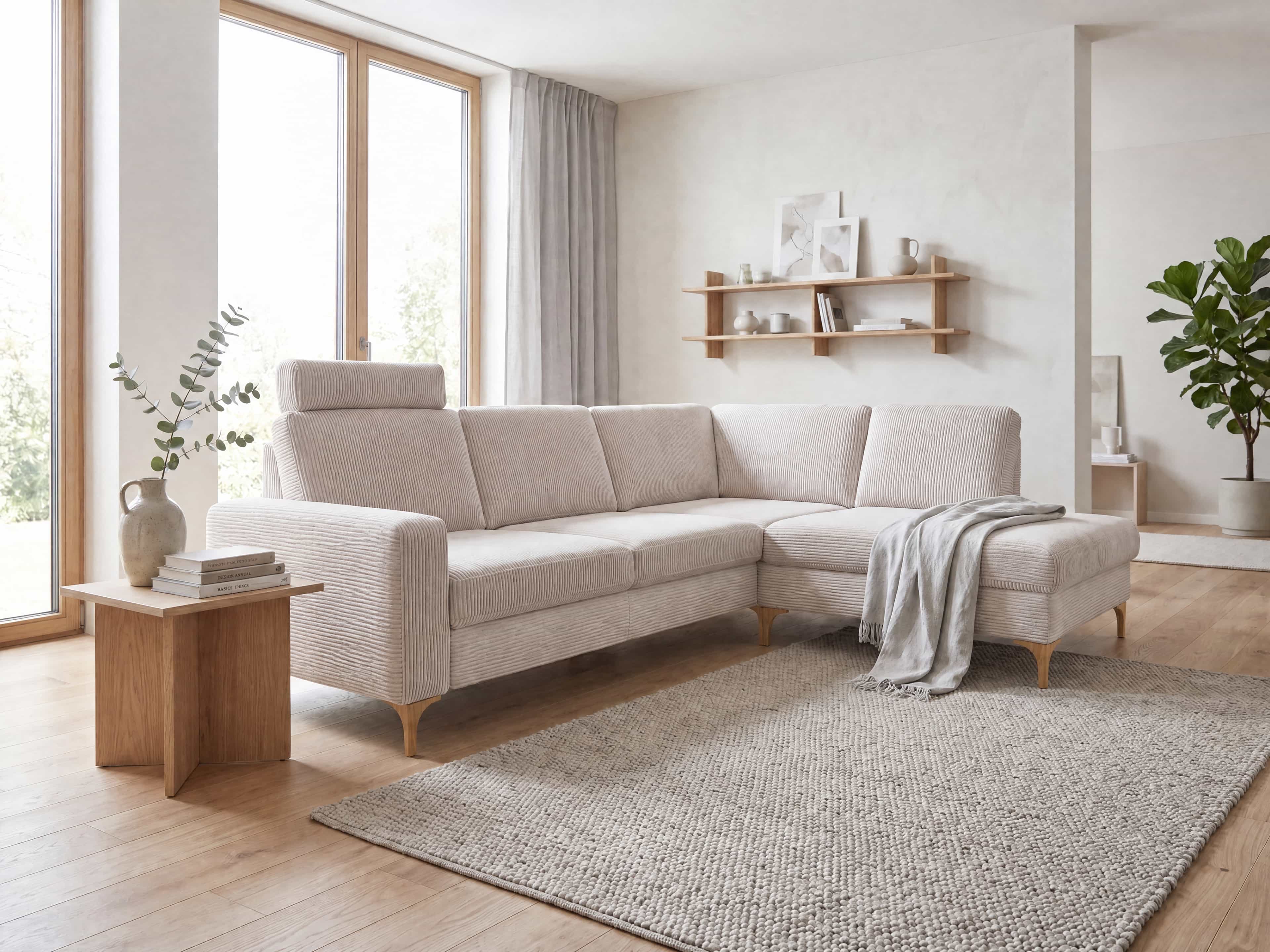 Ecksofa Kabs Polsterwelt mit hellbeigem Stoffbezug, Holzfüßen, hoher Rückenlehne und Kopfstütze