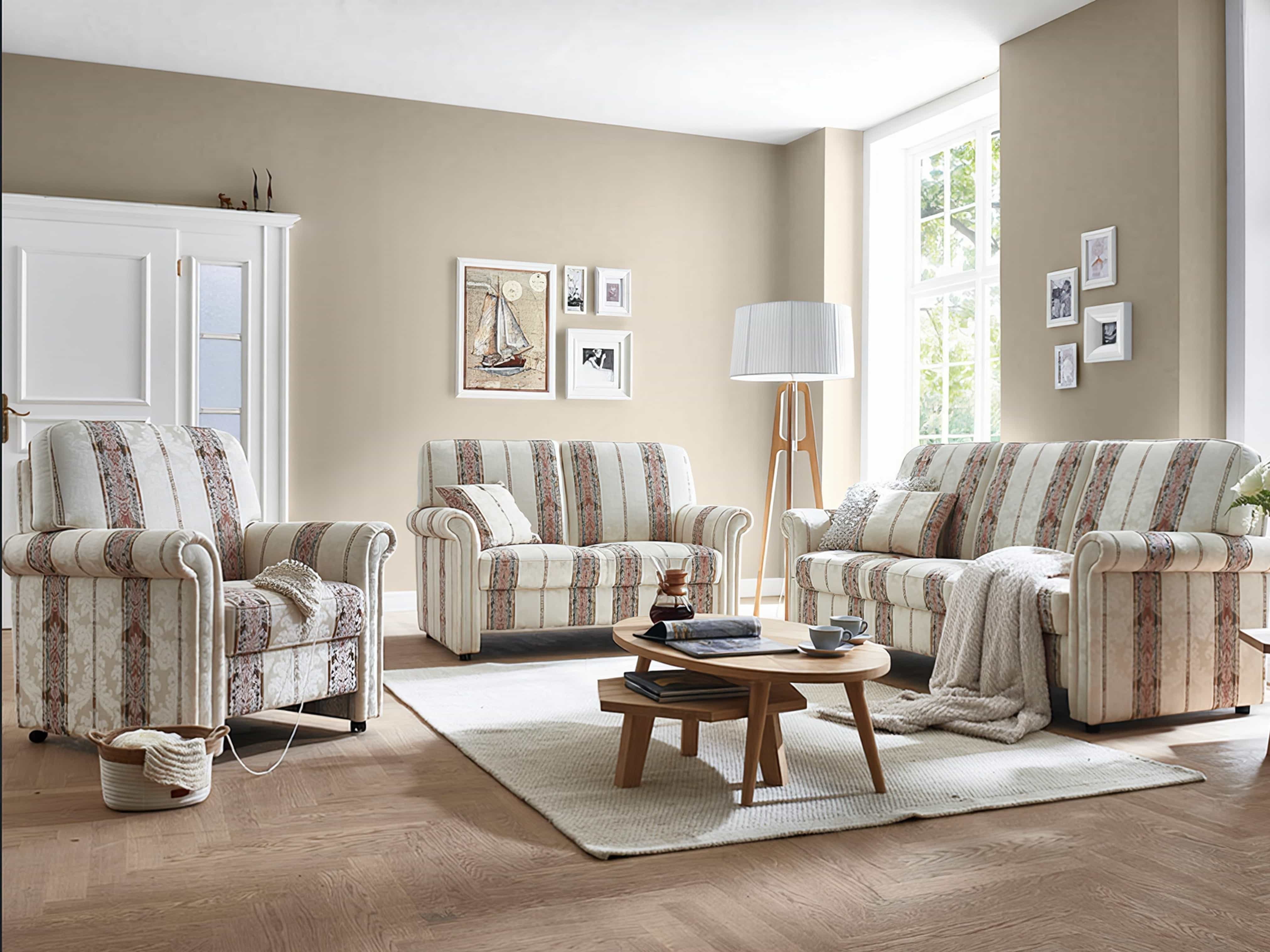 Sofa-Garnitur Kabs Polsterwelt mit Stoffbezug, beige-braunes Streifenmuster, gepolsterte Armlehnen