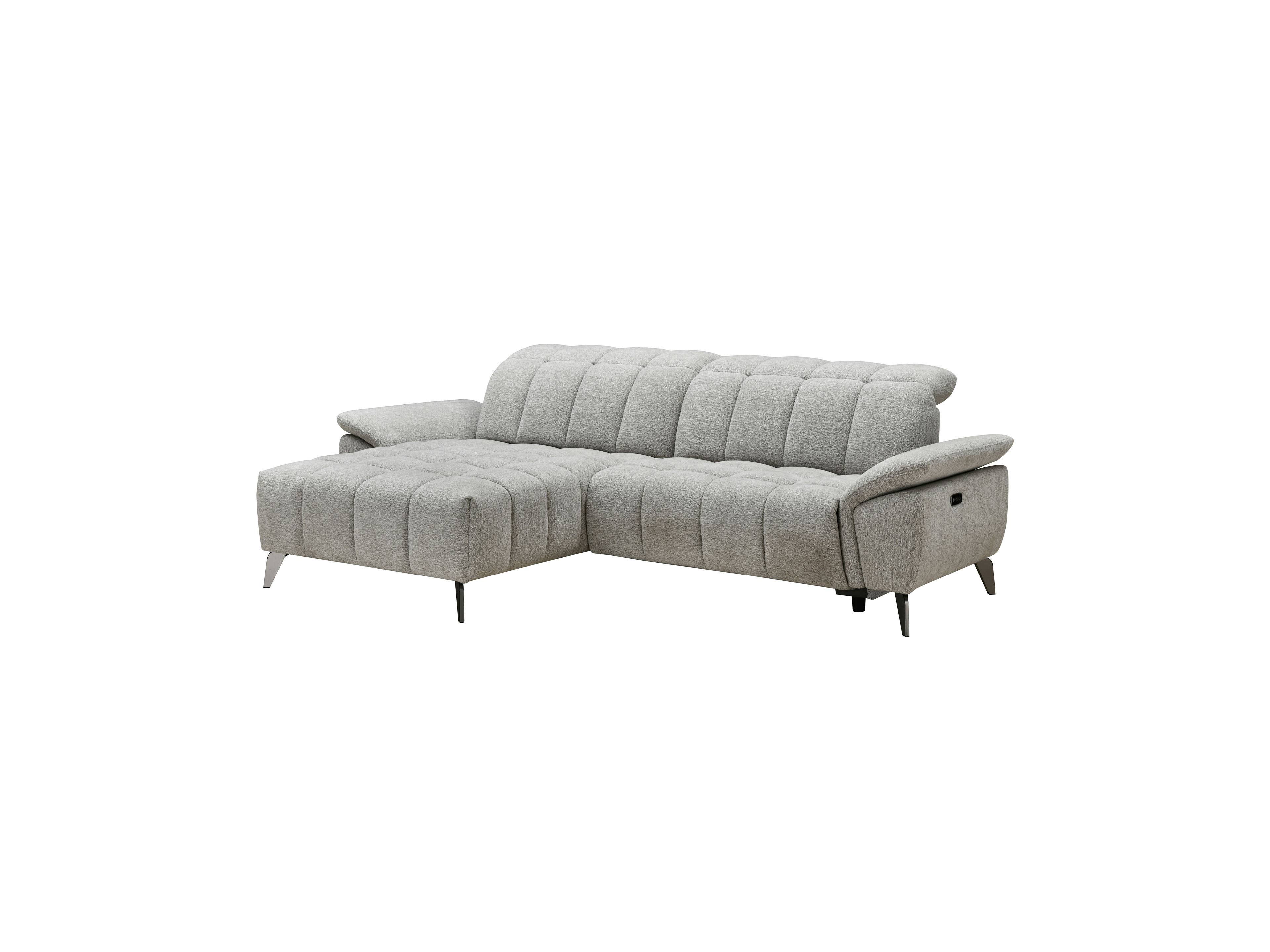 Ecksofa Livorno mit grauem Stoffbezug, breiten Armlehnen, markanter Steppung und Metallfüßen