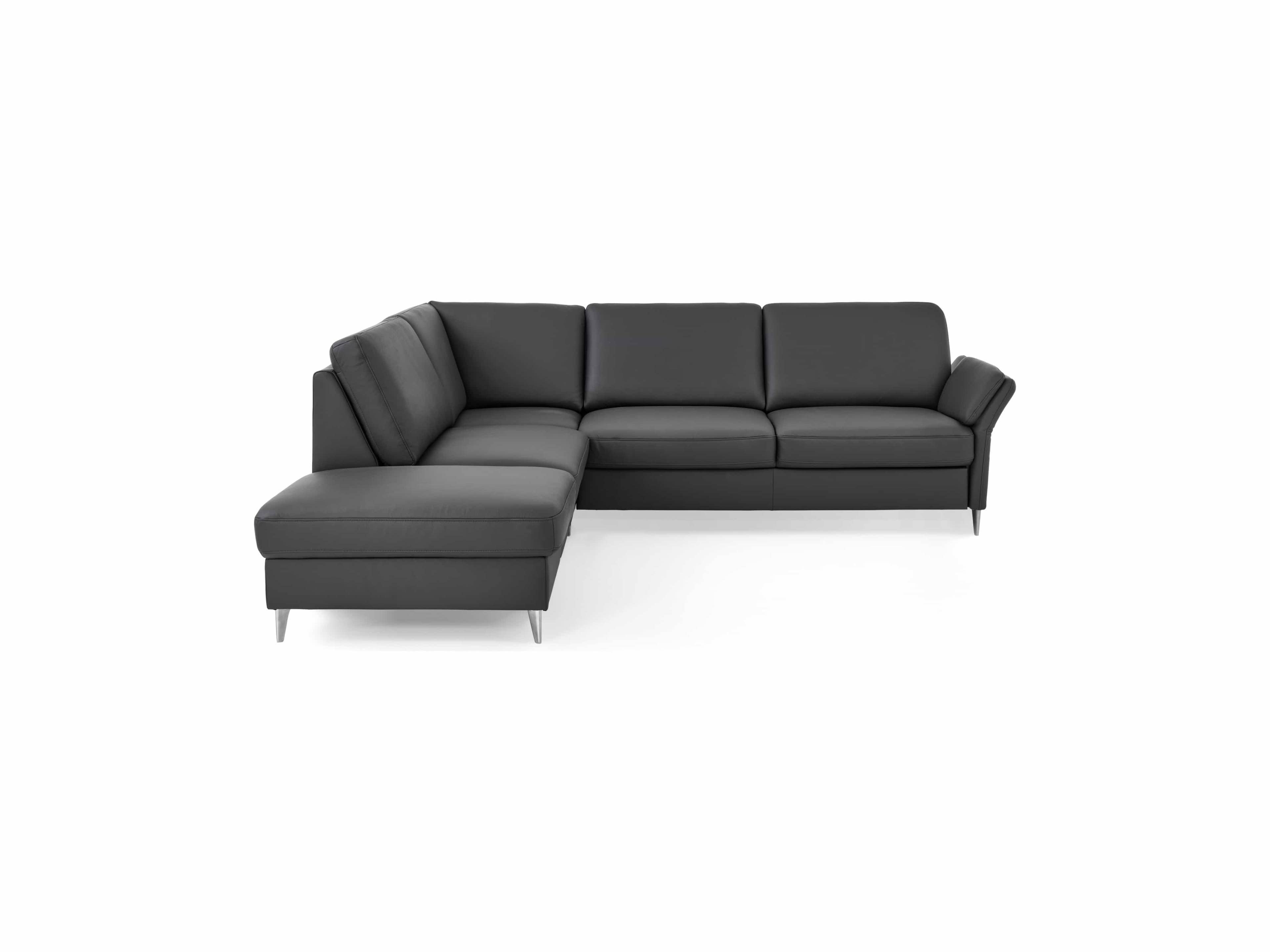 Ecksofa Paris in L-Form mit dunkelgrauem Bezug, gepolsterten Rückenlehnen und Metallfüßen