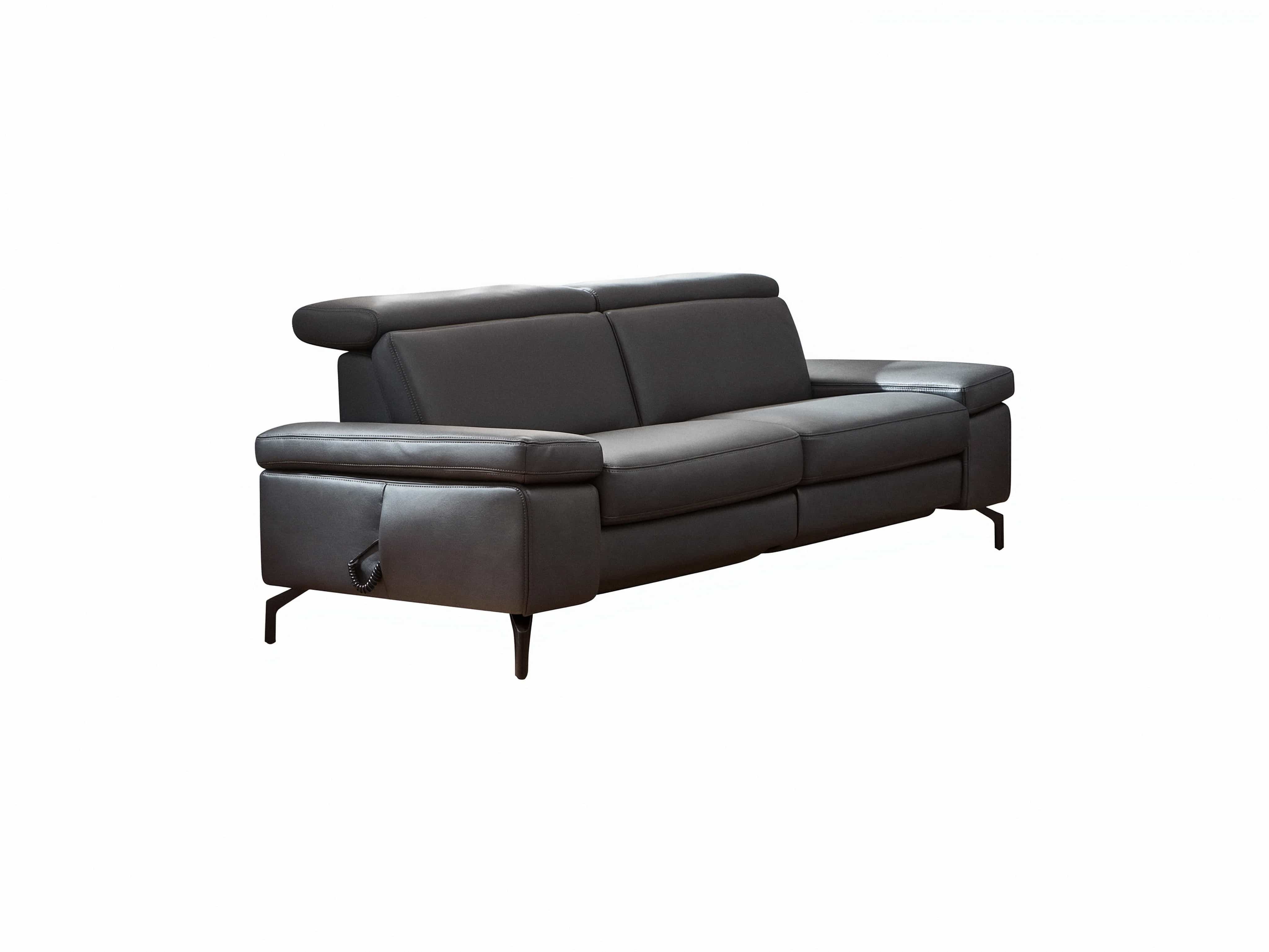 3-Sitzer Sofa Nayo aus dunklem Leder mit verstellbaren Kopfstützen und schwarzen Metallfüßen