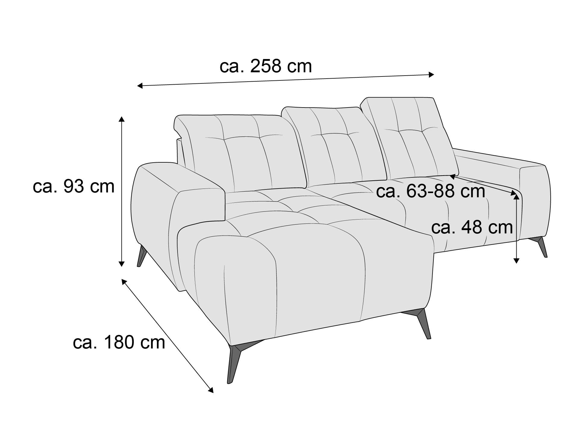 Ecksofa mit Armlehnen, gepolstertem Stoffbezug und sichtbarer Steppung auf Metallfüßen