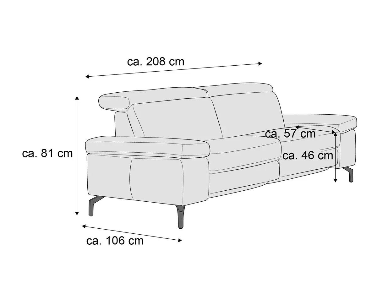 2-Sitzer Sofa mit verstellbarer Kopfstütze, gepolsterten Armlehnen und schmalen Metallfüßen