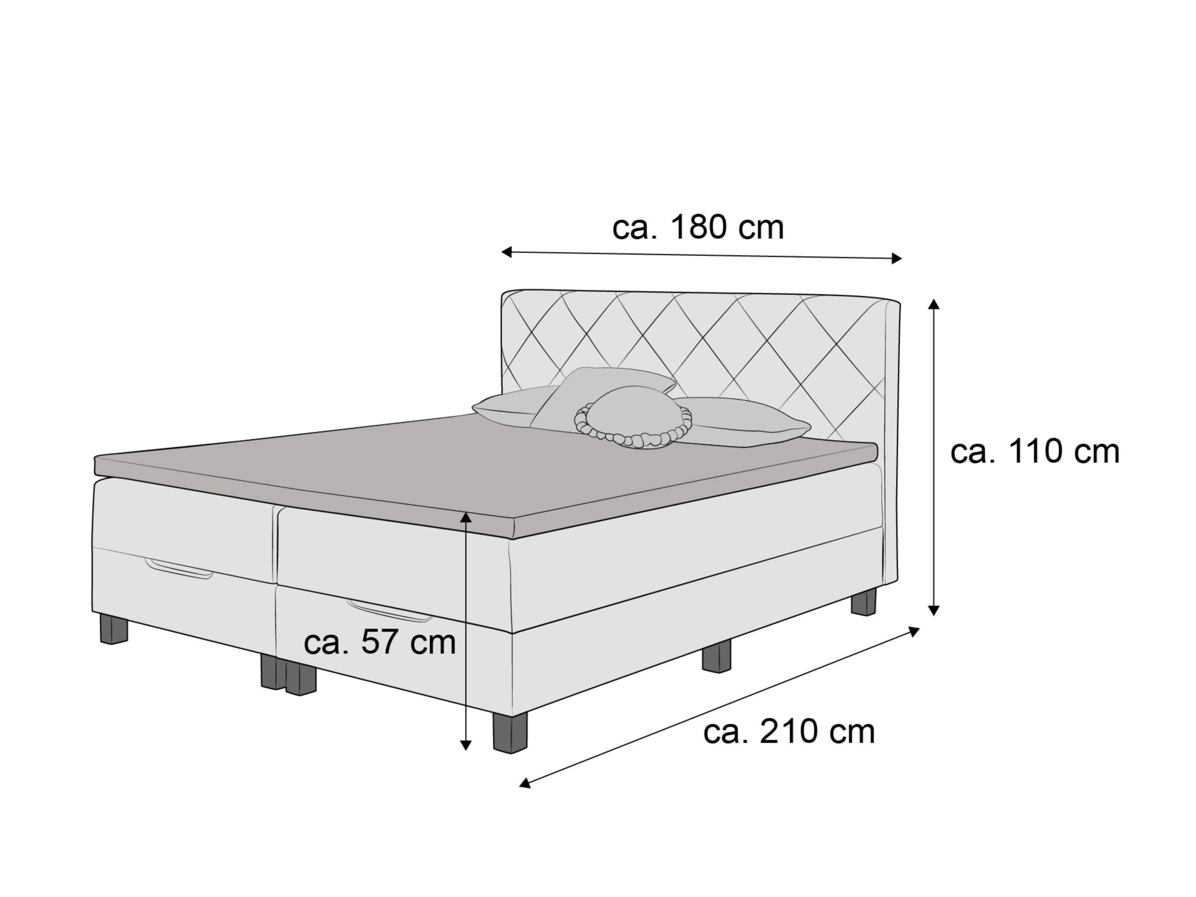 Boxspringbett mit gestepptem Kopfteil, hell gepolstert, sichtbare Füße, Frontansicht mit Maßen