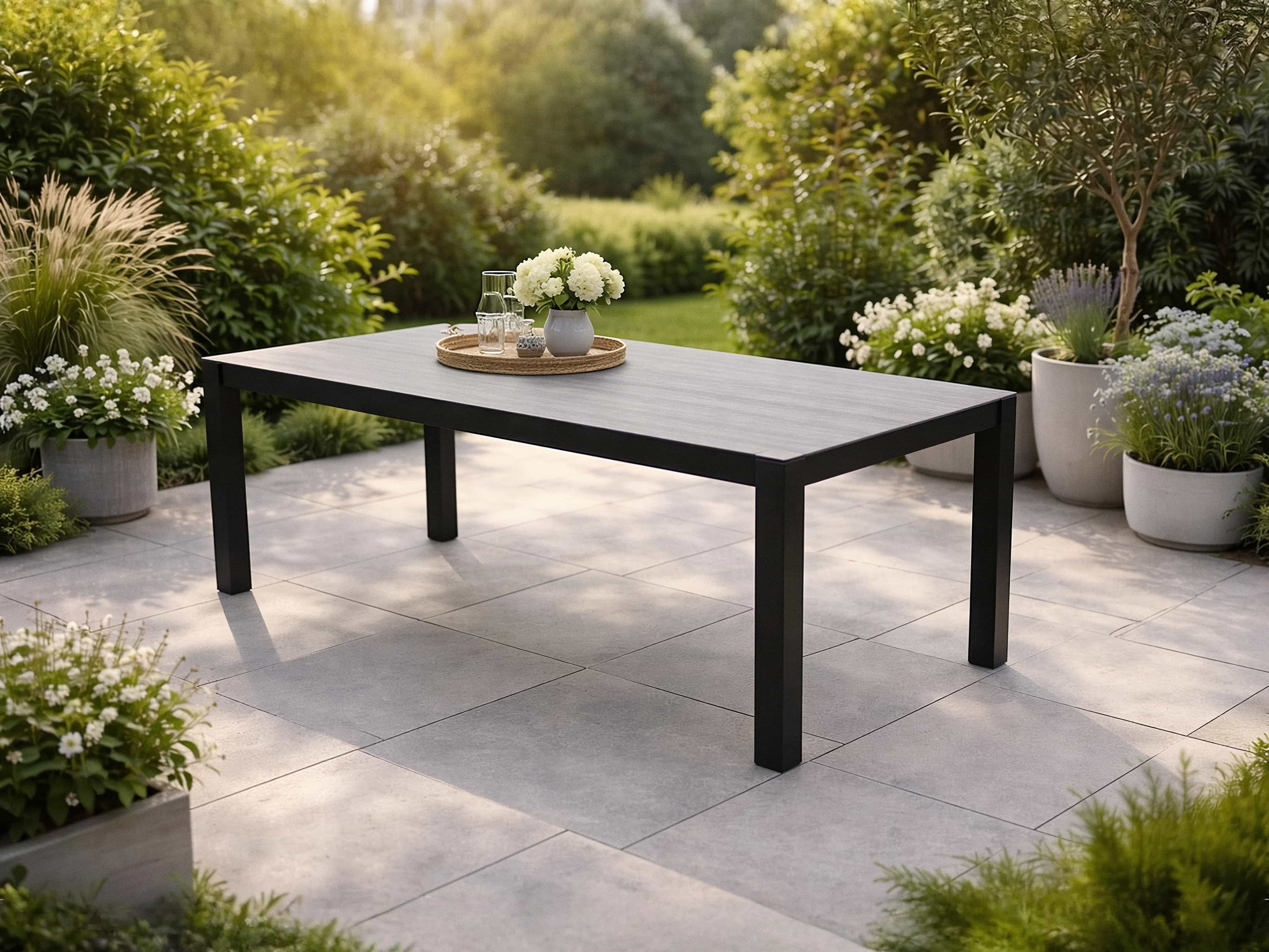 Rechteckiger Gartentisch mit schwarzem Metallgestell und grauer Tischplatte im modernen Design