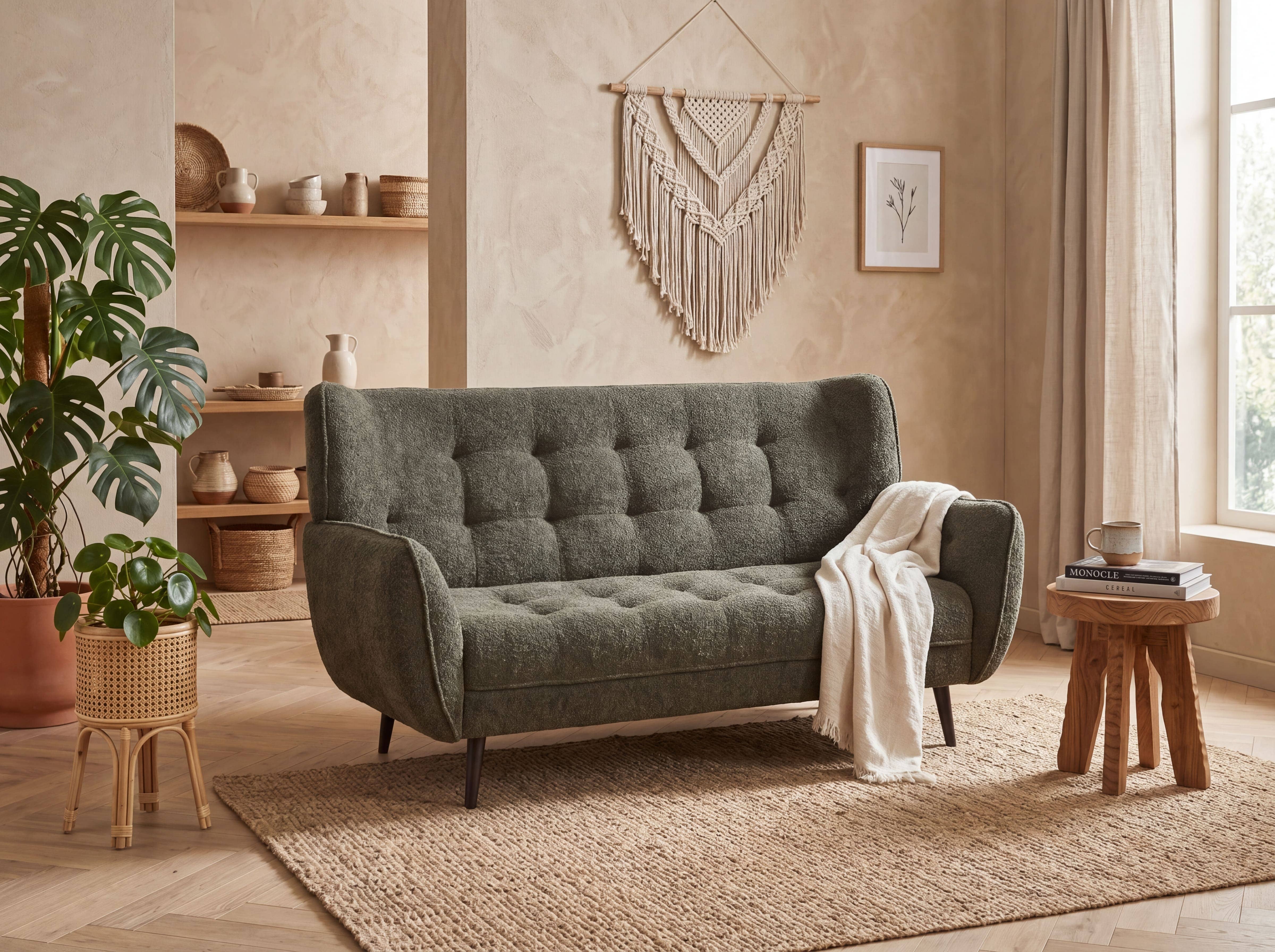 3-Sitzer Sofa Kabs mit dunkelgrünem Stoffbezug, Knopfheftung und abgerundeten Armlehnen