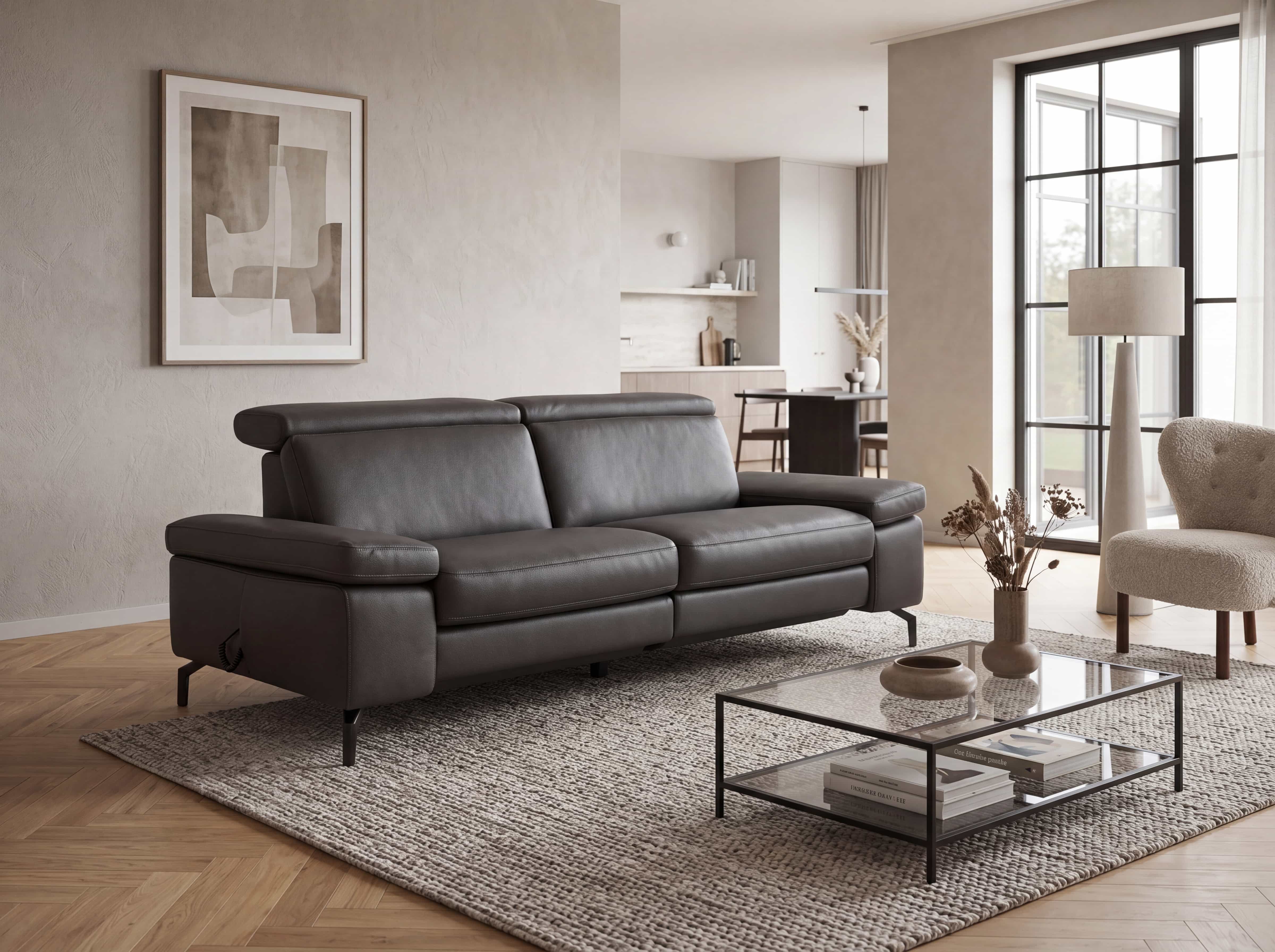 3-Sitzer Sofa Louisiana mit Lederbezug in Dunkelgrau, breite Armlehnen und schwarze Metallfüße