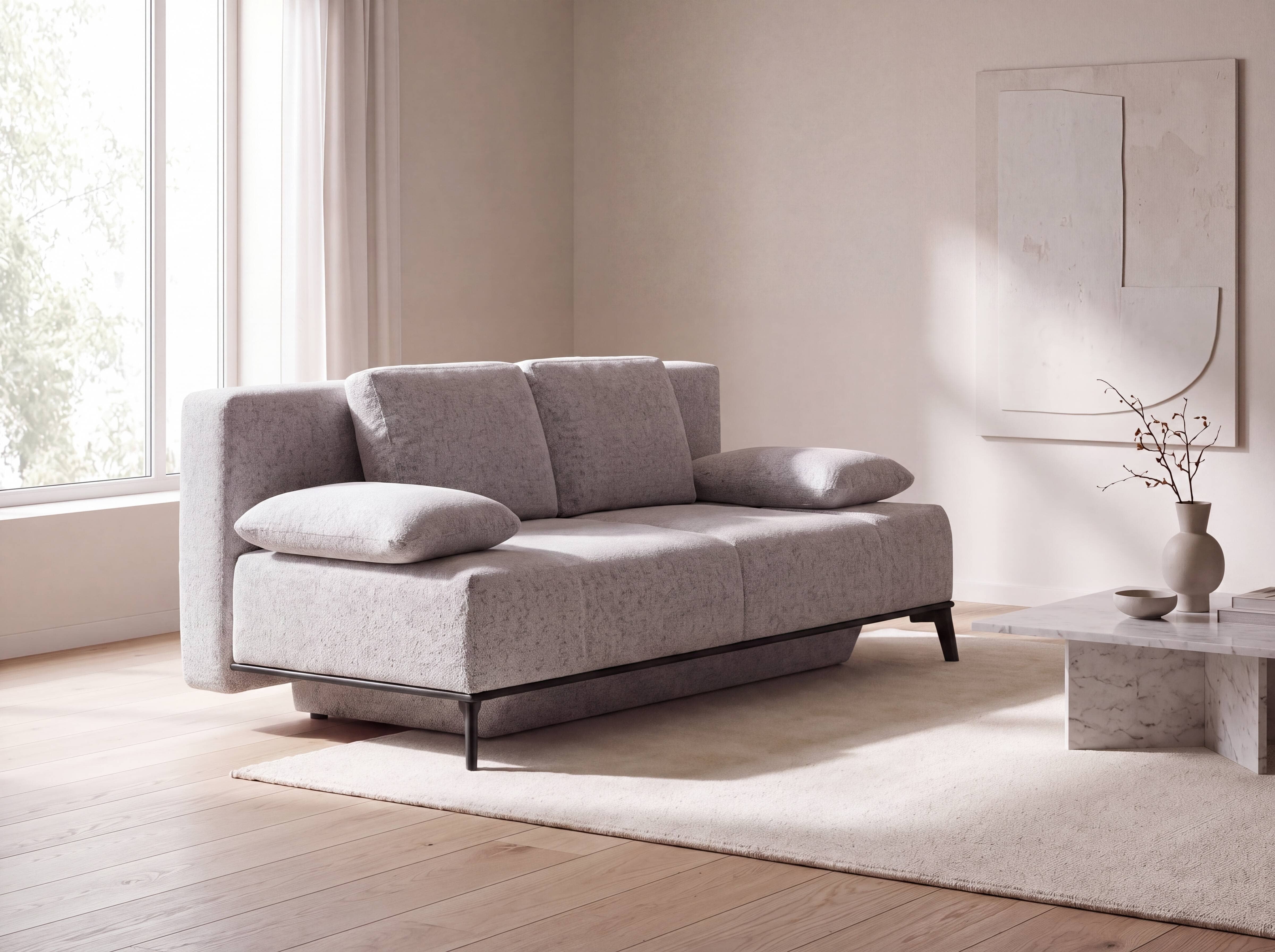3-Sitzer Sofa Kabs mit hellgrauem Stoffbezug, gepolsterter Rückenlehne und schwarzen Metallfüßen