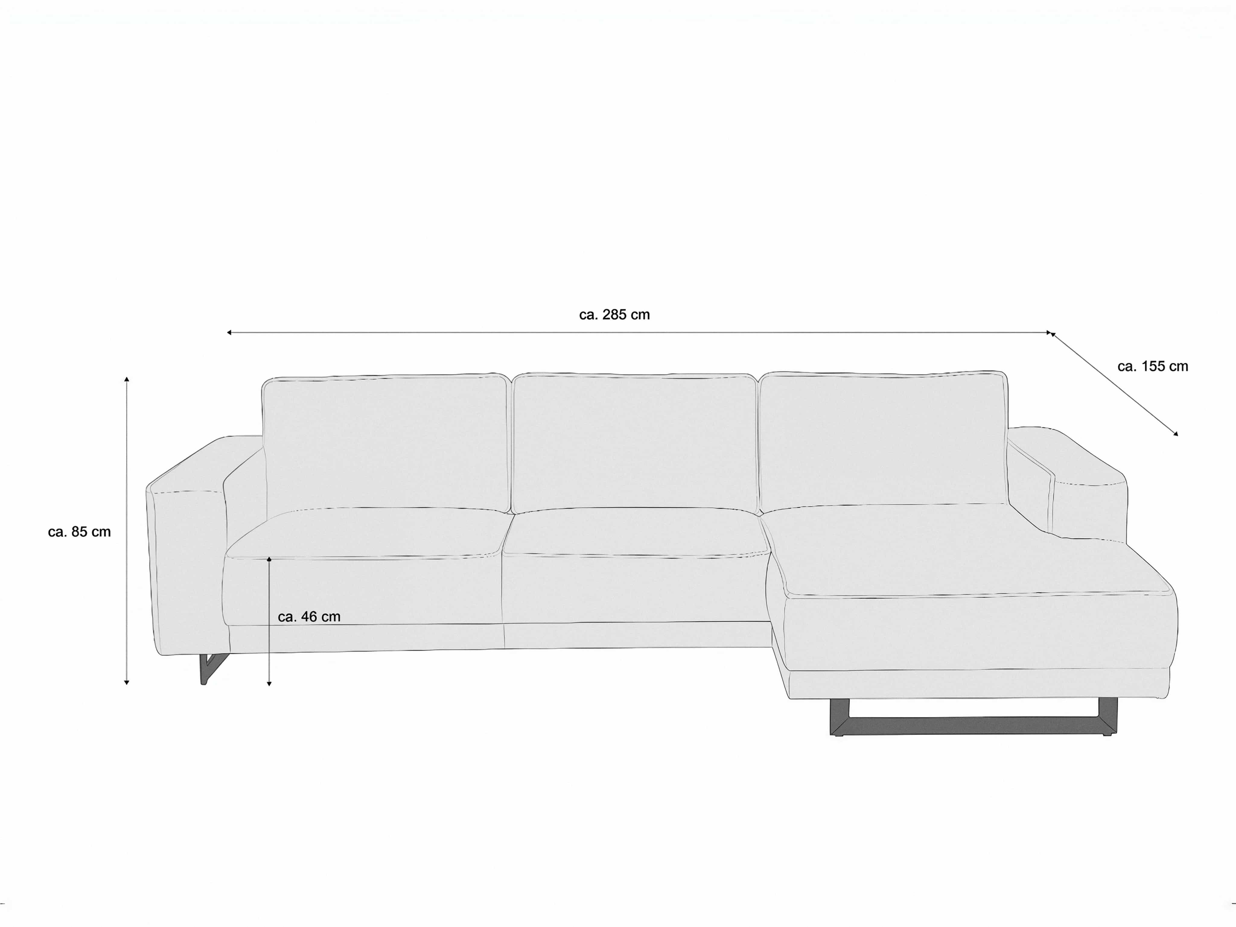 Ecksofa mit Armlehnen, gepolsterter Sitz- und Rückenfläche sowie Metallfüßen, Bezug und Farbe nicht erkennbar