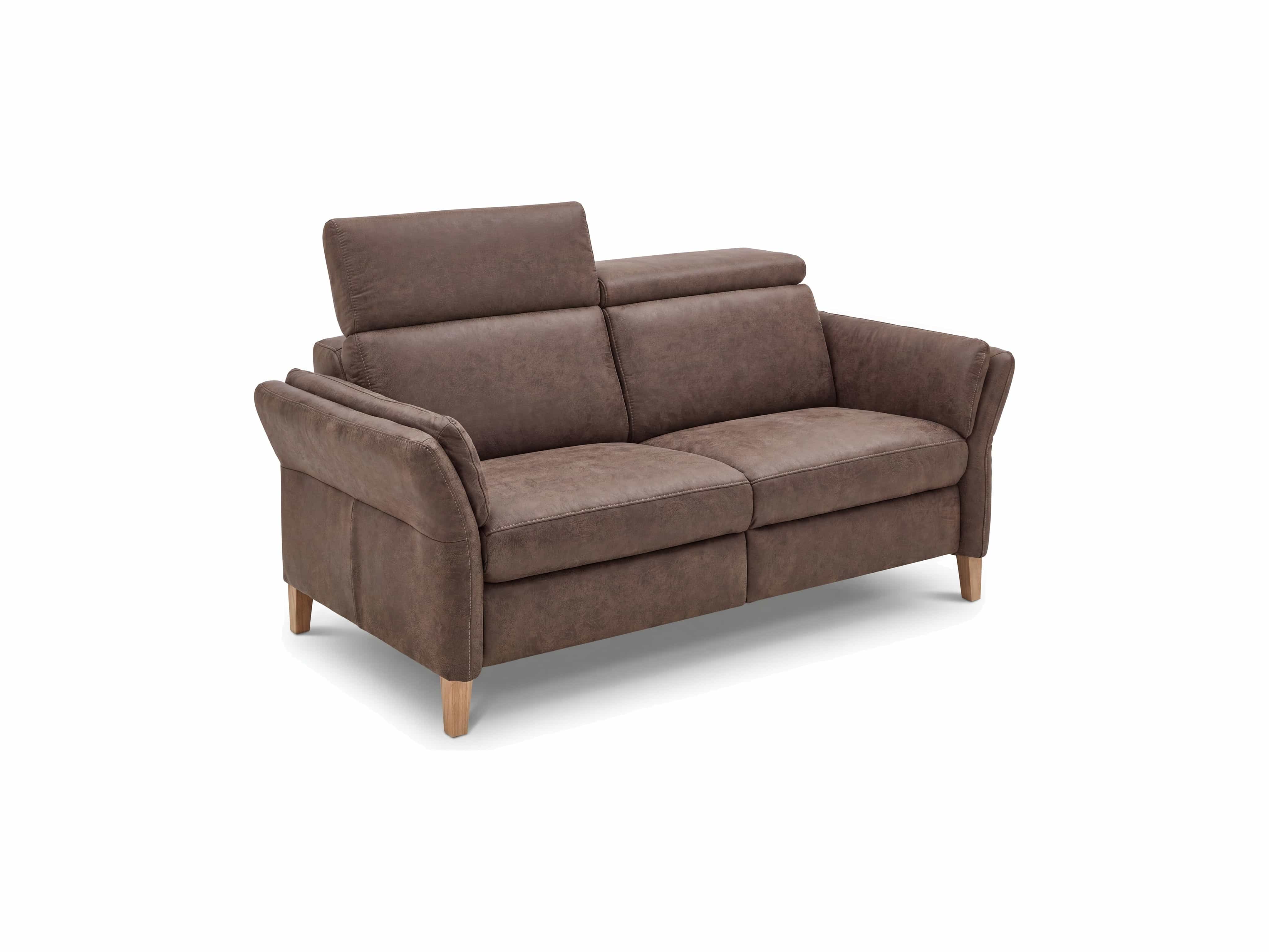 2-Sitzer-Sofa Kabs, brauner Lederlook, gepolsterte Rückenlehne, Holzfüße, Armlehnen, Kopfstütze