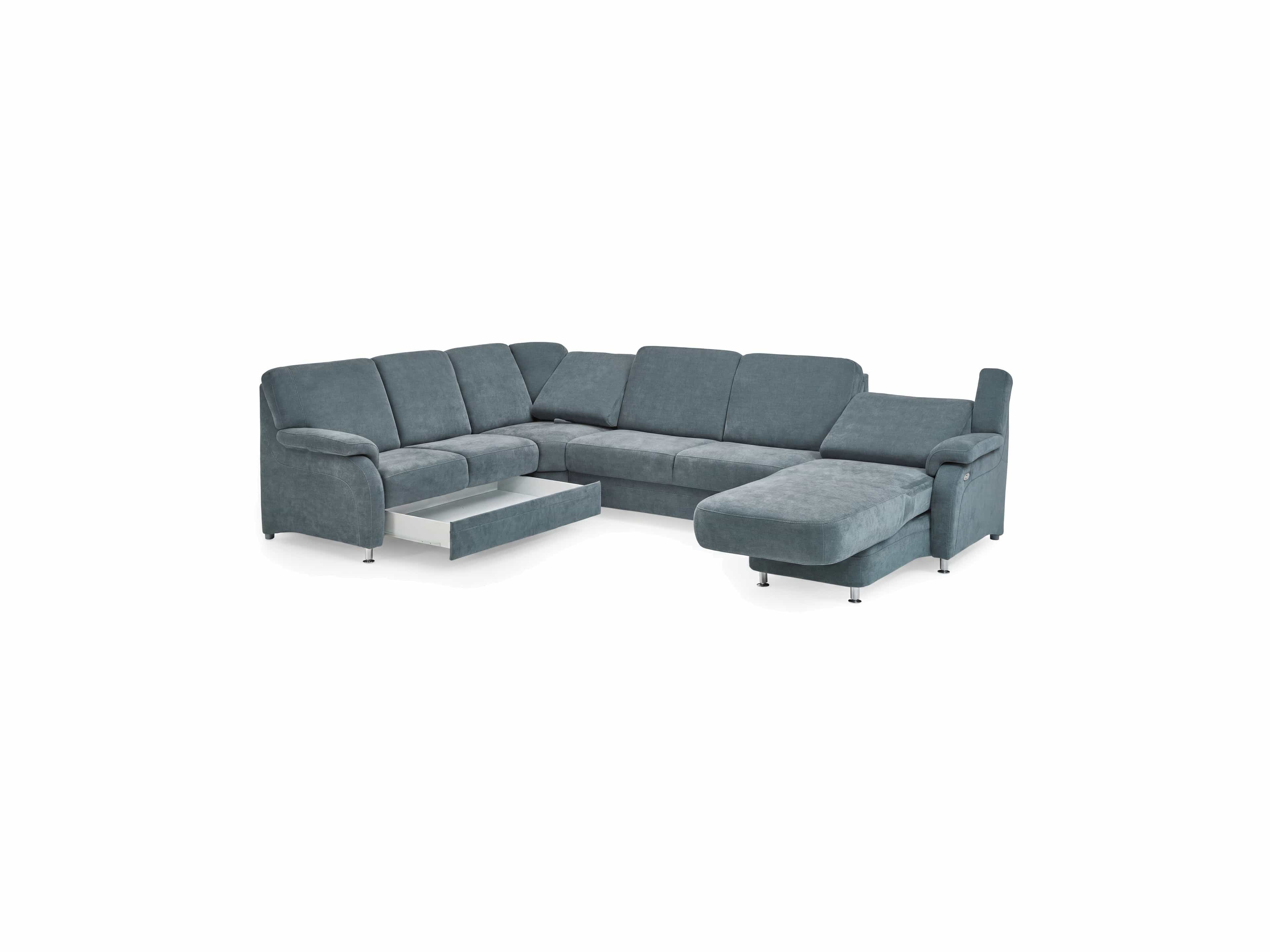 Ecksofa Kabs Polsterwelt mit Stoffbezug in Blau, Armlehnen, chromfarbene Füße, ausziehbarer Bettkasten