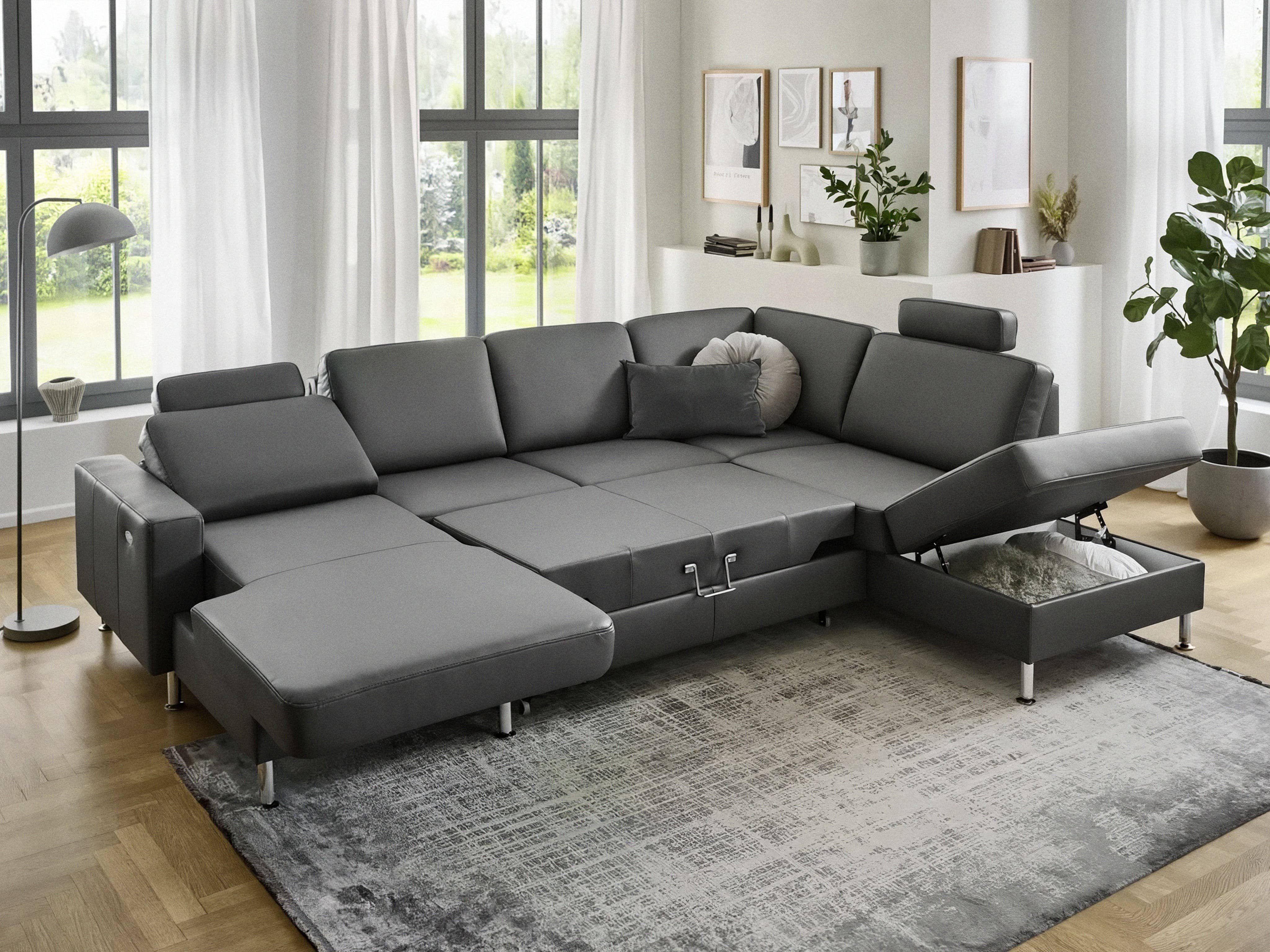 Ecksofa mit grauem Lederbezug, verstellbaren Kopfstützen, Armlehnen und integriertem Bettkasten