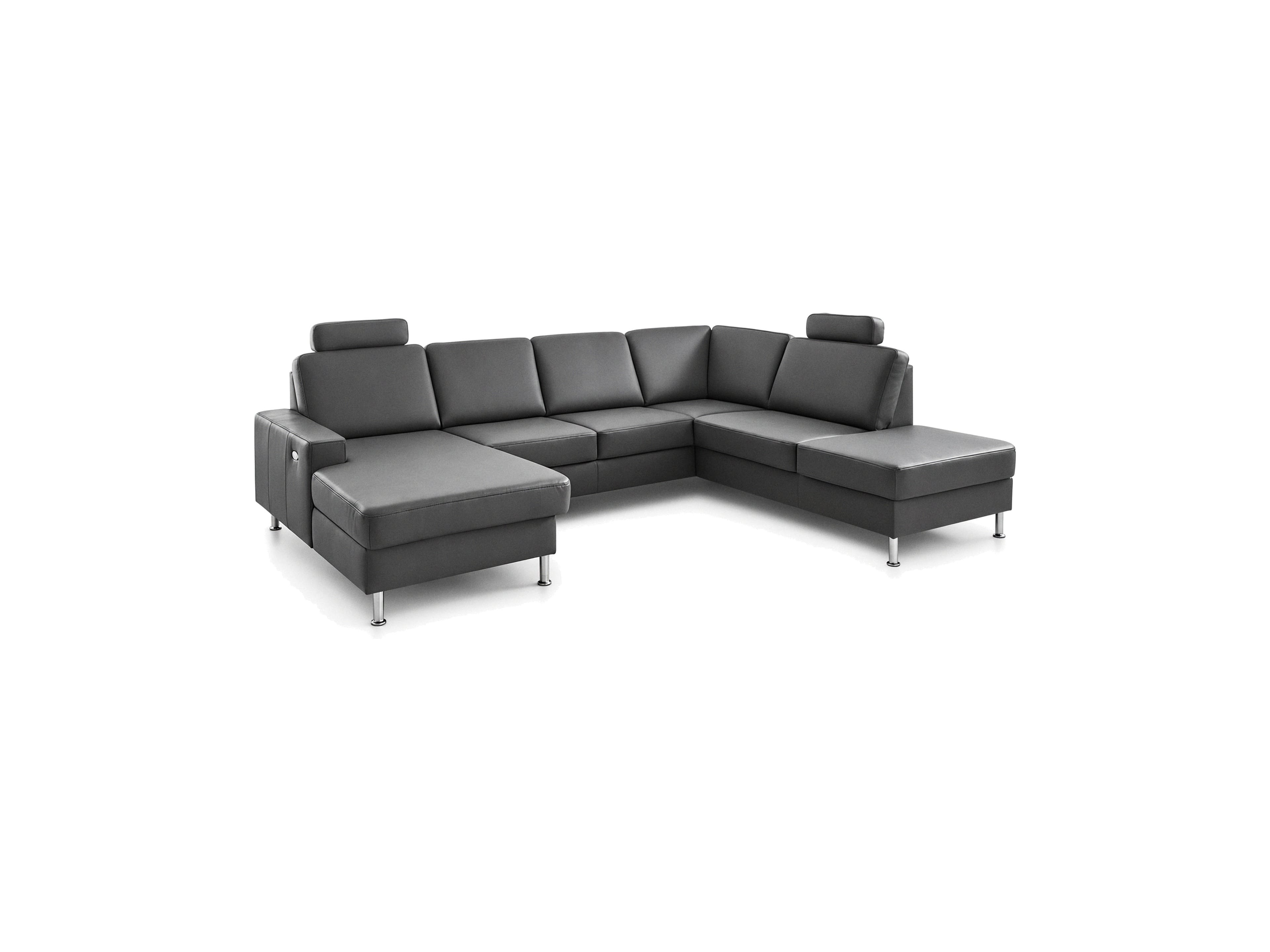Ecksofa mit dunkelgrauem Lederbezug, verstellbaren Kopfstützen, Armlehnen und Metallfüßen