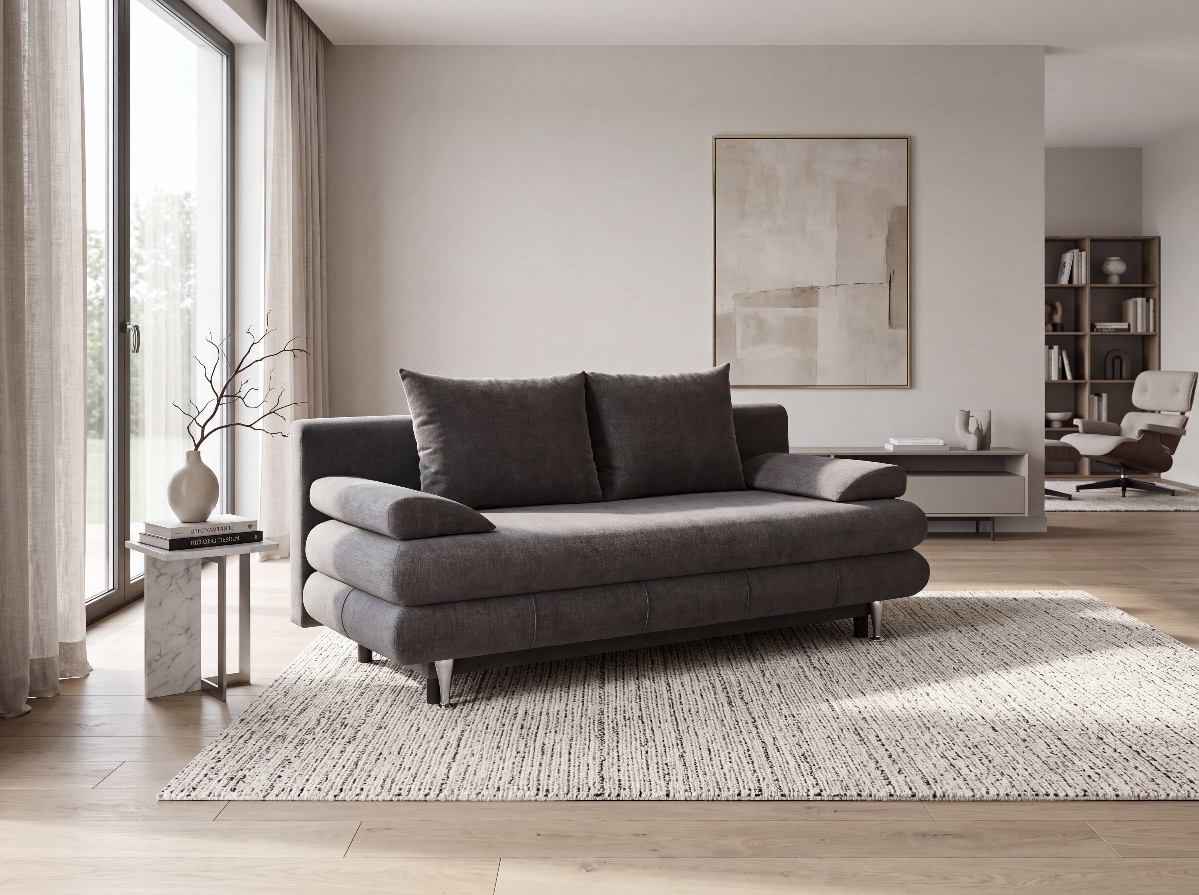 2-Sitzer Sofa Kabs Polsterwelt, dunkelgrauer Stoffbezug, breite Armlehnen, silberfarbene Füße