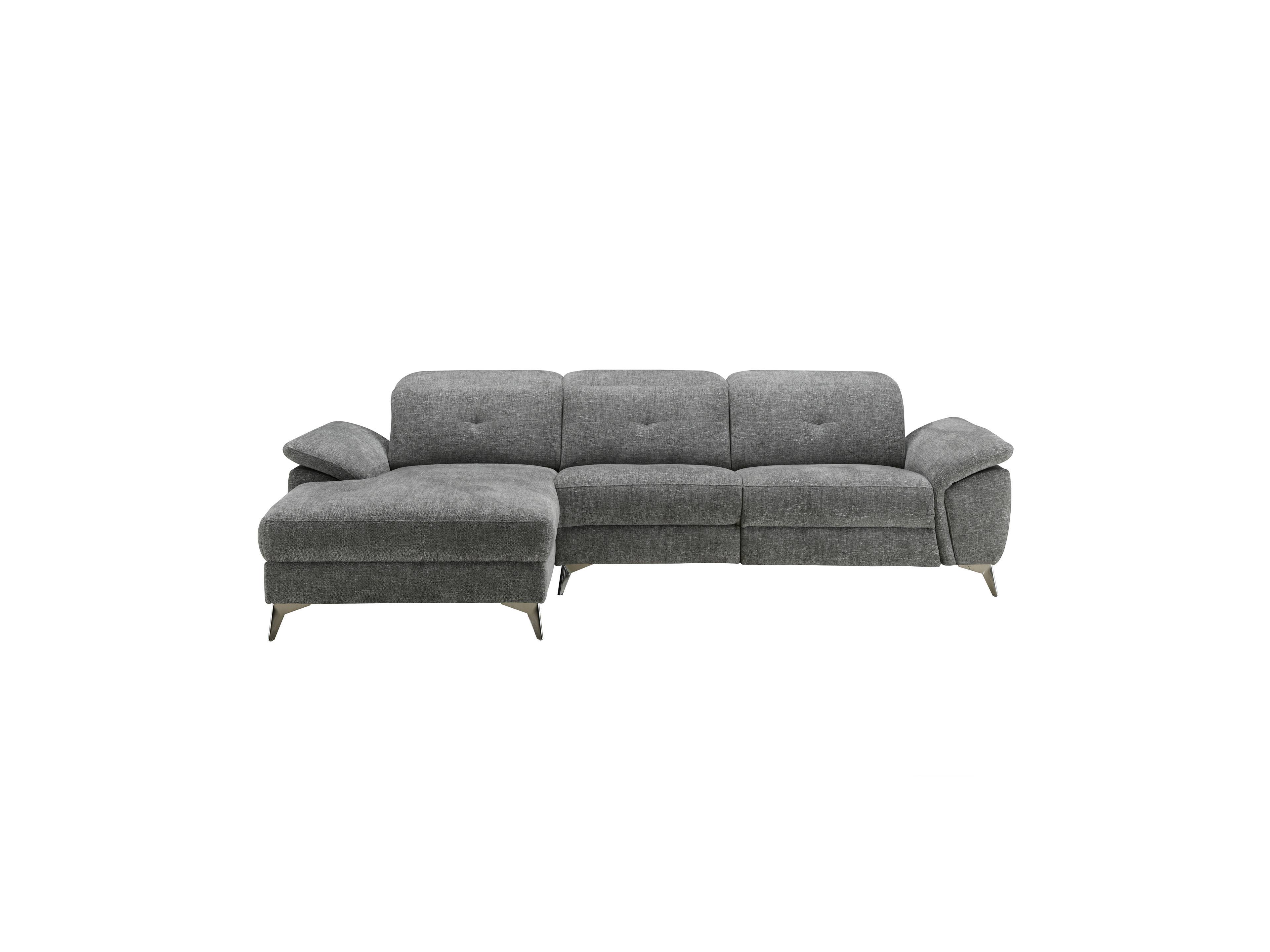 Ecksofa Kabs mit grauem Stoffbezug, linksseitiger Ottomane, gepolsterte Armlehnen, Metallfüße