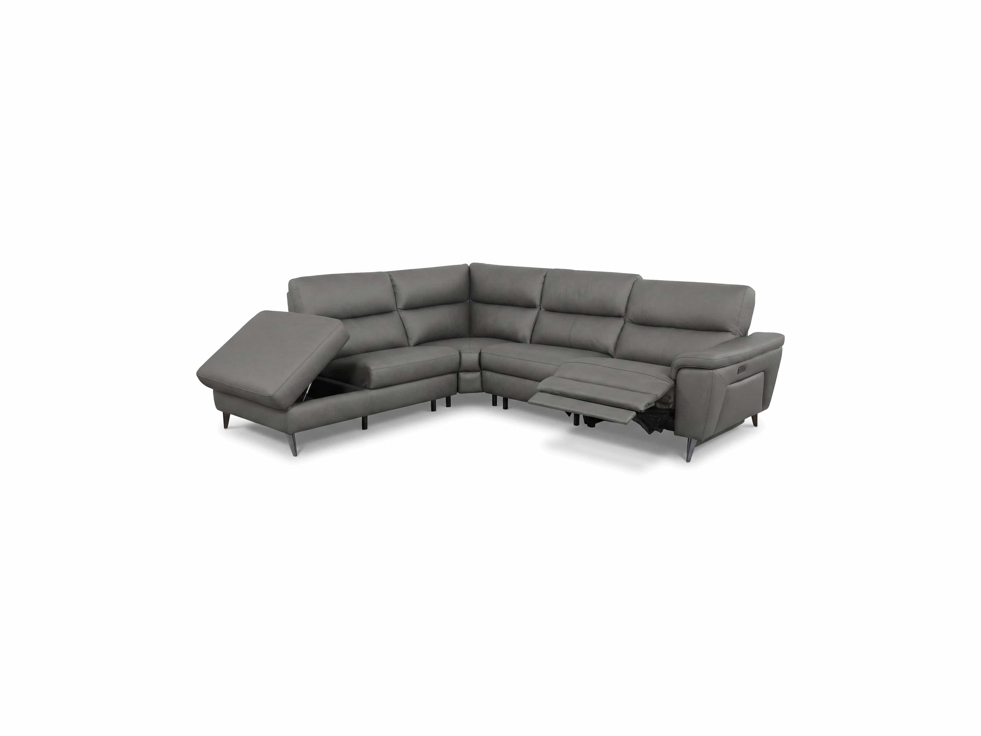 Ecksofa Kabs mit grauem Lederbezug, verstellbaren Fußstützen und Armlehnen, Metallfüße