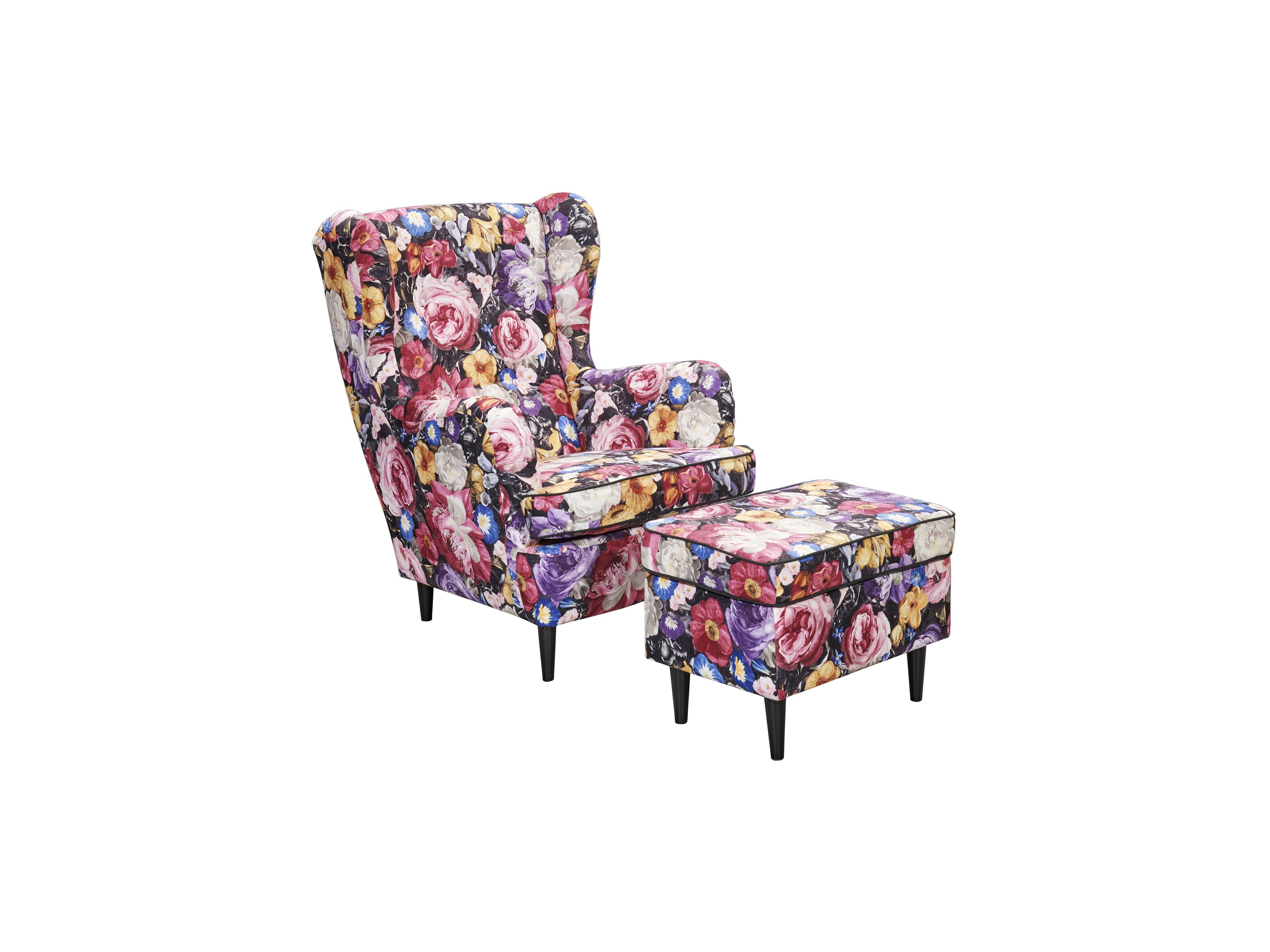 Ohrensessel mit Hocker, floraler Stoffbezug in bunten Farben, Armlehnen, schwarze Holzfüße