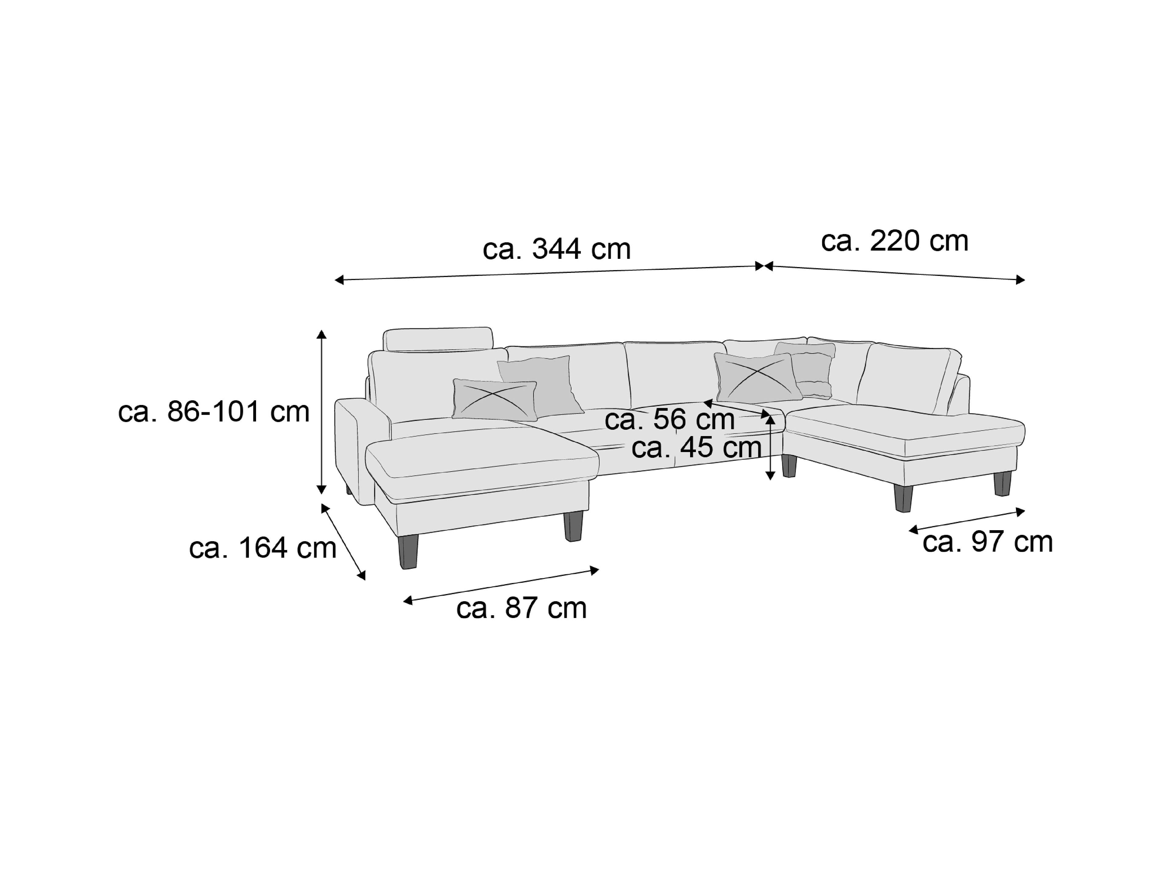 Ecksofa mit Stoffbezug, gepolsterter Rückenlehne, Armlehnen und sichtbaren dunklen Füßen