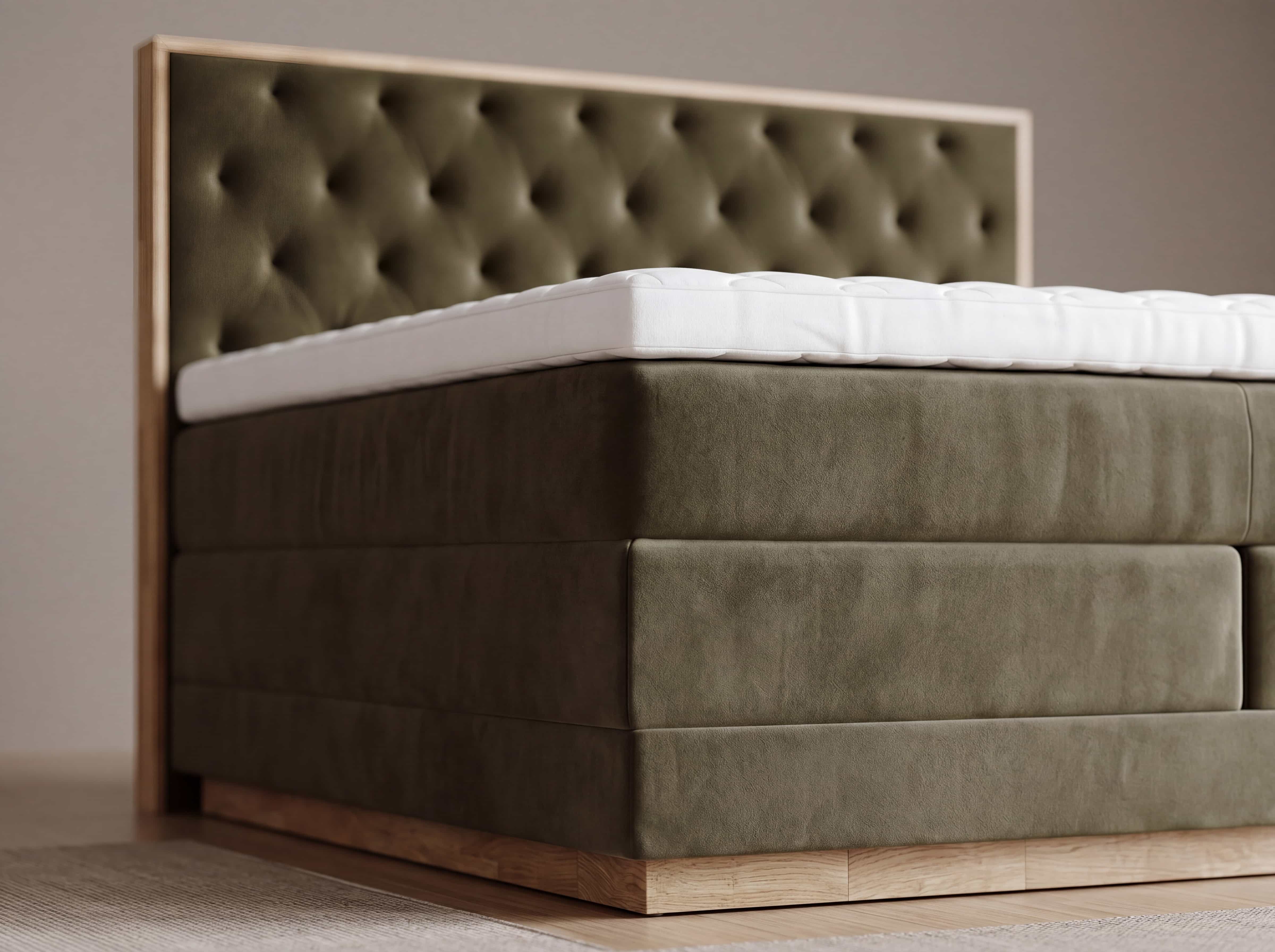 Boxspringbett Eton mit olivgrünem Stoffbezug, gepolstertem Kopfteil und Kassettensteppung, Holzrahmen