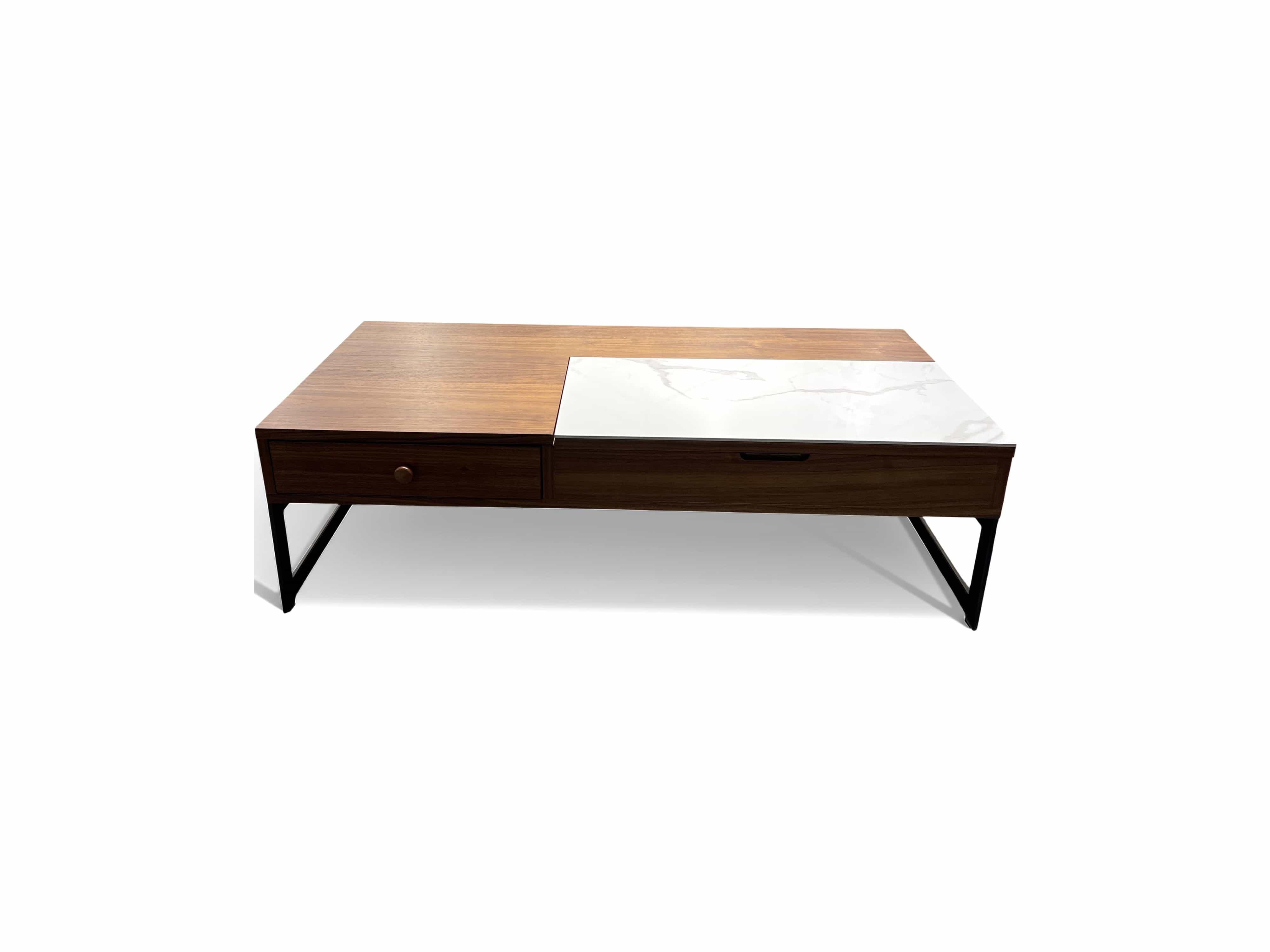 Rechteckiger Couchtisch mit Holz und weißer Marmoroptik, schwarzen Metallfüßen und zwei Schubladen