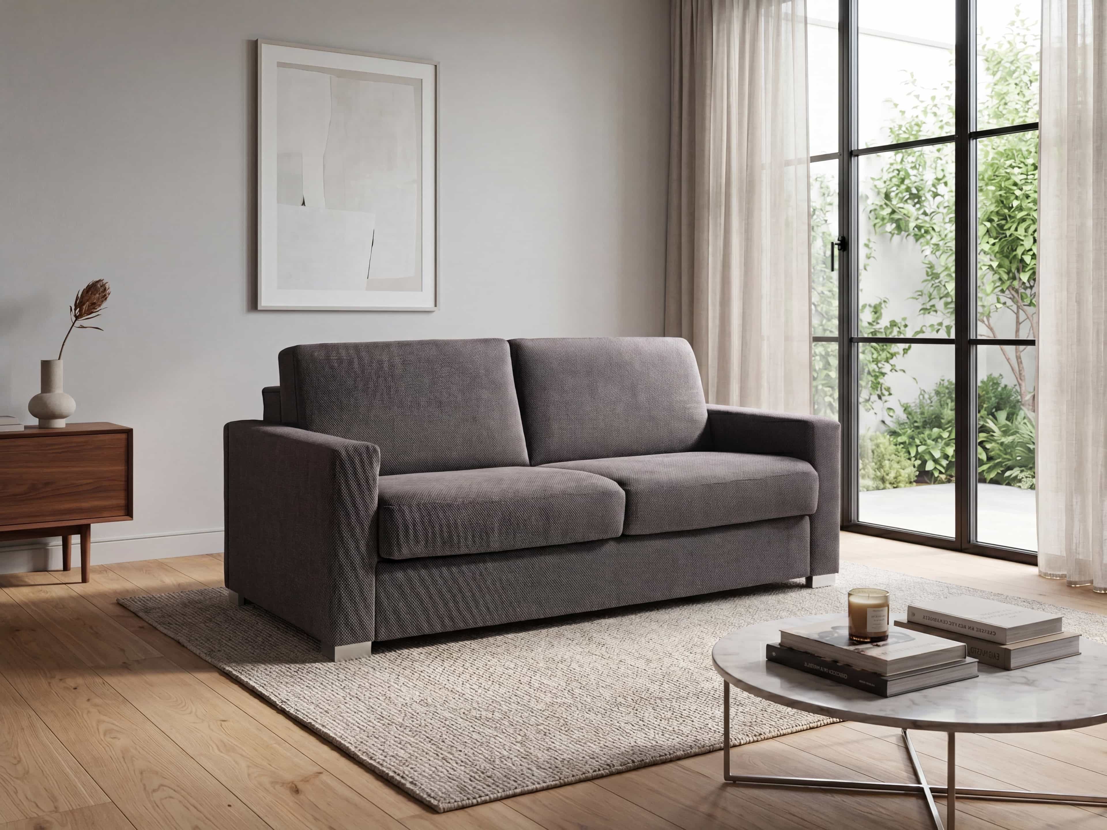 2-Sitzer Sofa mit dunkelgrauem Stoffbezug, geraden Armlehnen und eckigen Metallfüßen