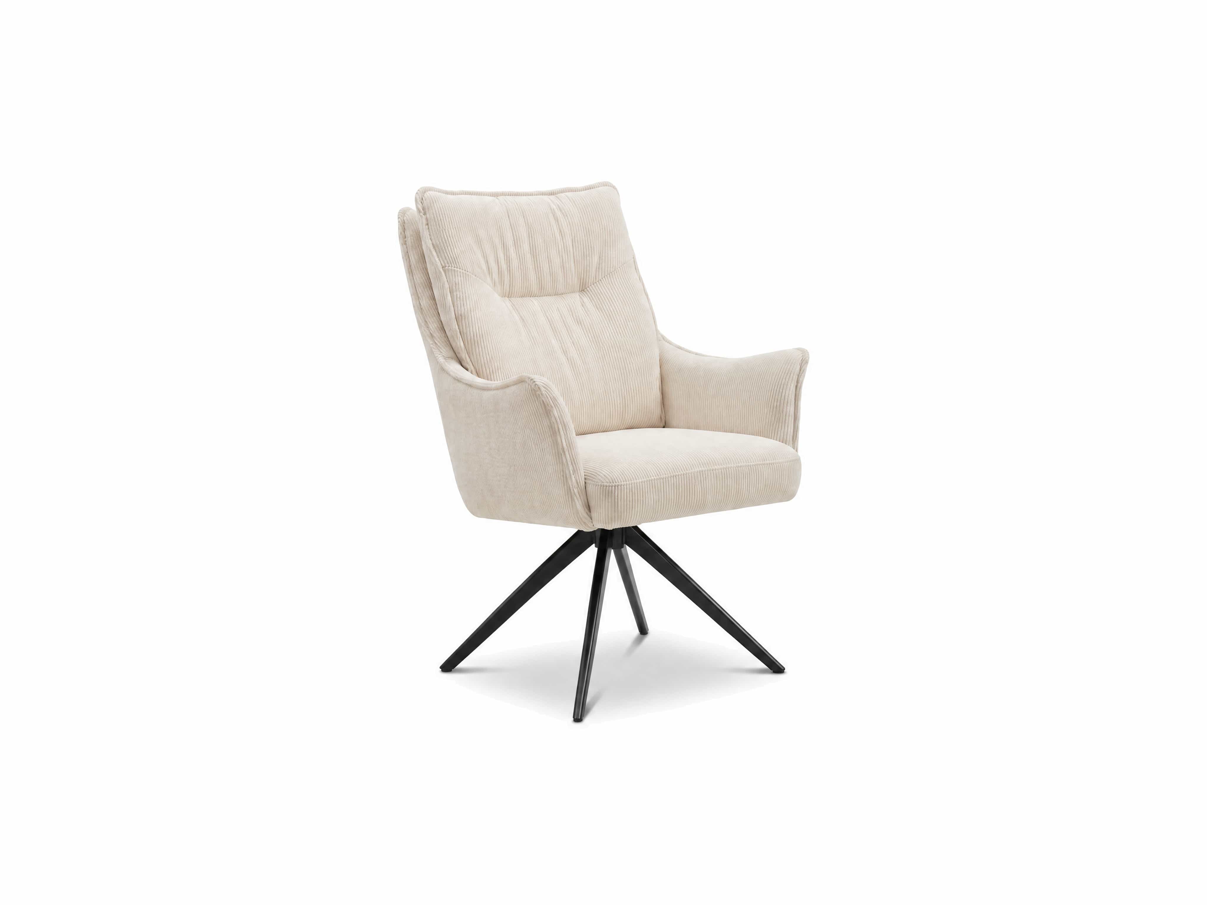 Lounge-Sessel mit Armlehnen, beigefarbener Cordbezug, gepolsterte Rückenlehne, schwarzes Metallgestell