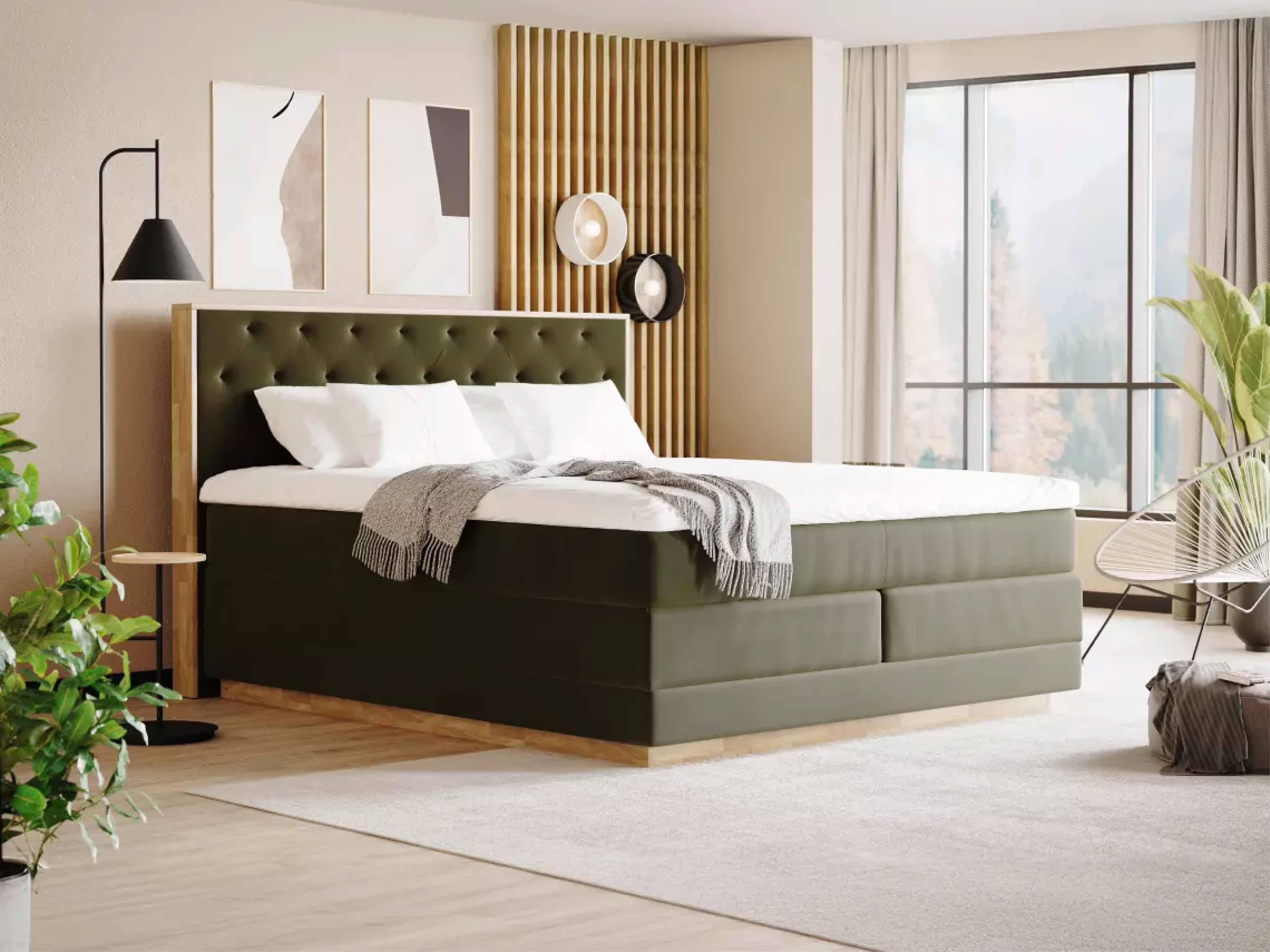 Boxspringbett Kabs mit gepolstertem, grünem Kopfteil und sichtbarer Knopfheftung, Stoffbezug