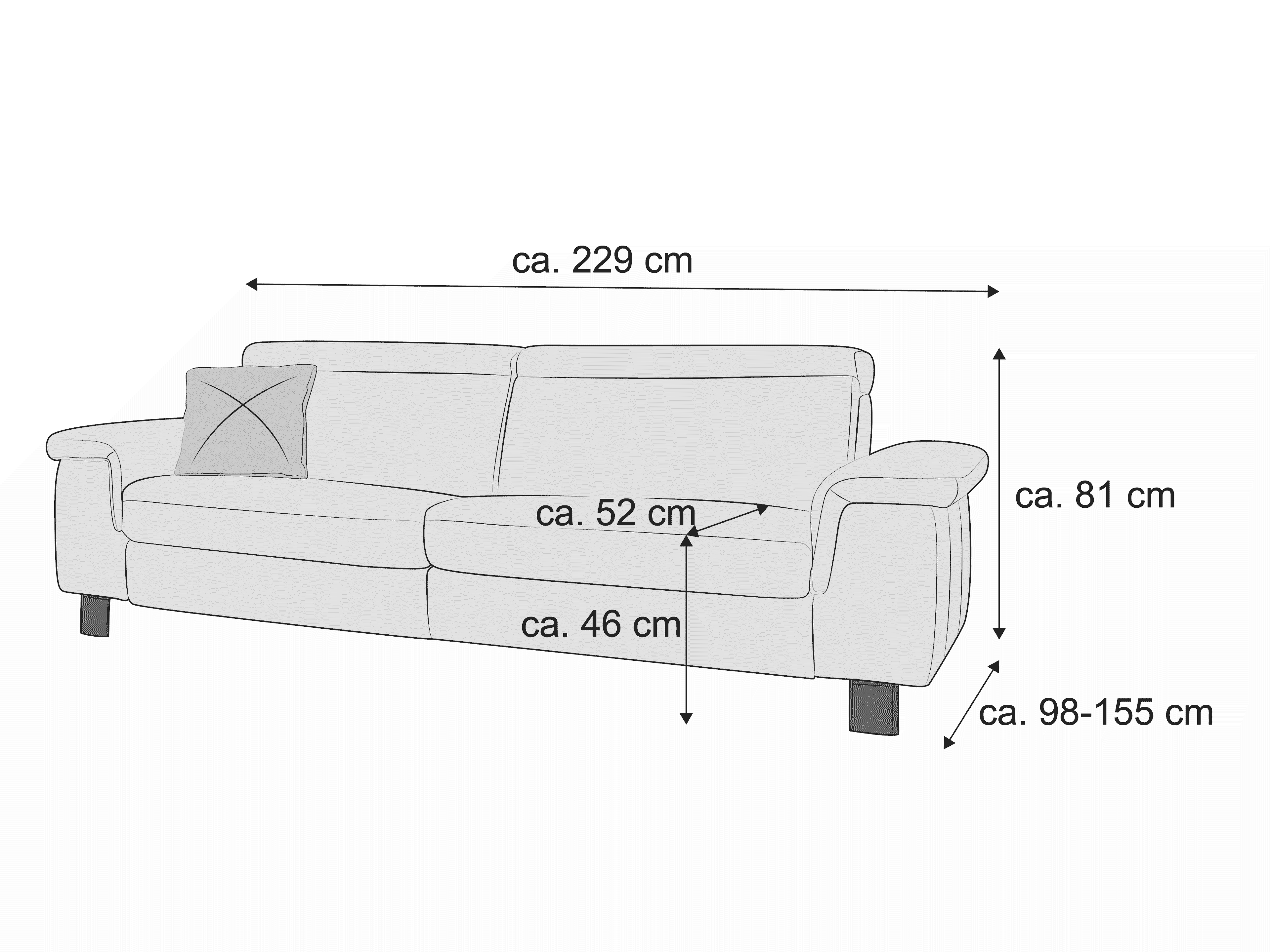 3-Sitzer Sofa Modell mit Armlehnen, gepolsterten Sitz- und Rückenflächen, sichtbaren Füßen und Kissen